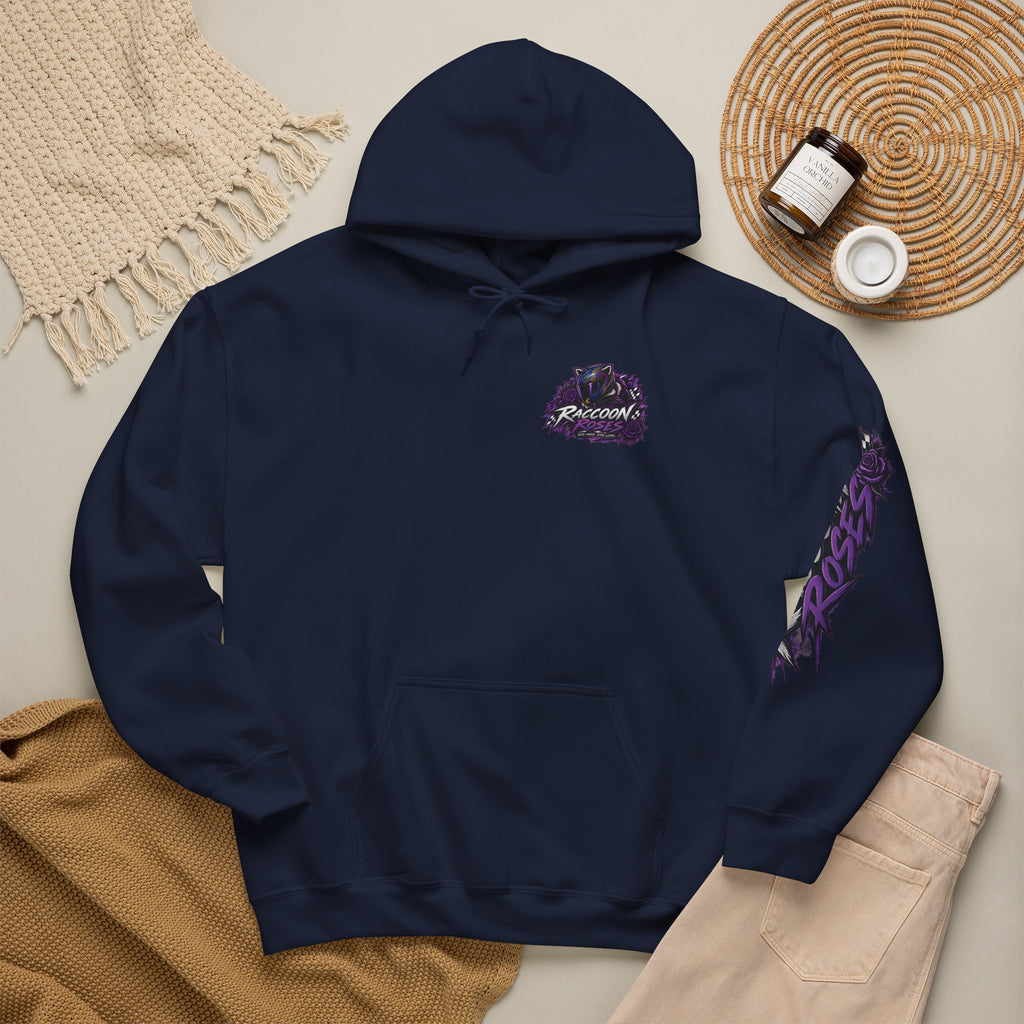 Raccoon Roadsters Motorcycle Graphic Hoodie — Retro Purple Rider Sweatshirt