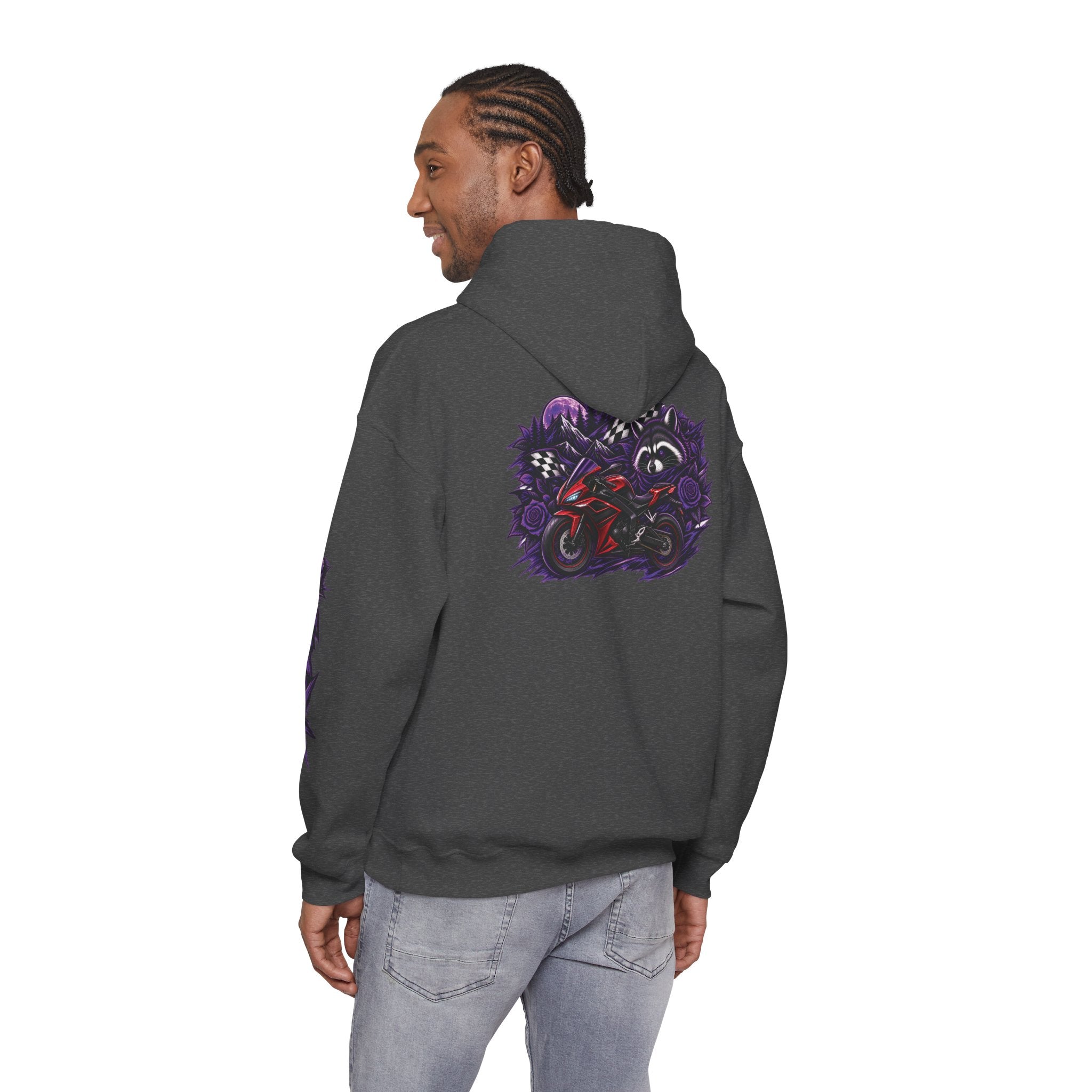 Raccoon Roadsters Motorcycle Graphic Hoodie — Retro Purple Rider Sweatshirt