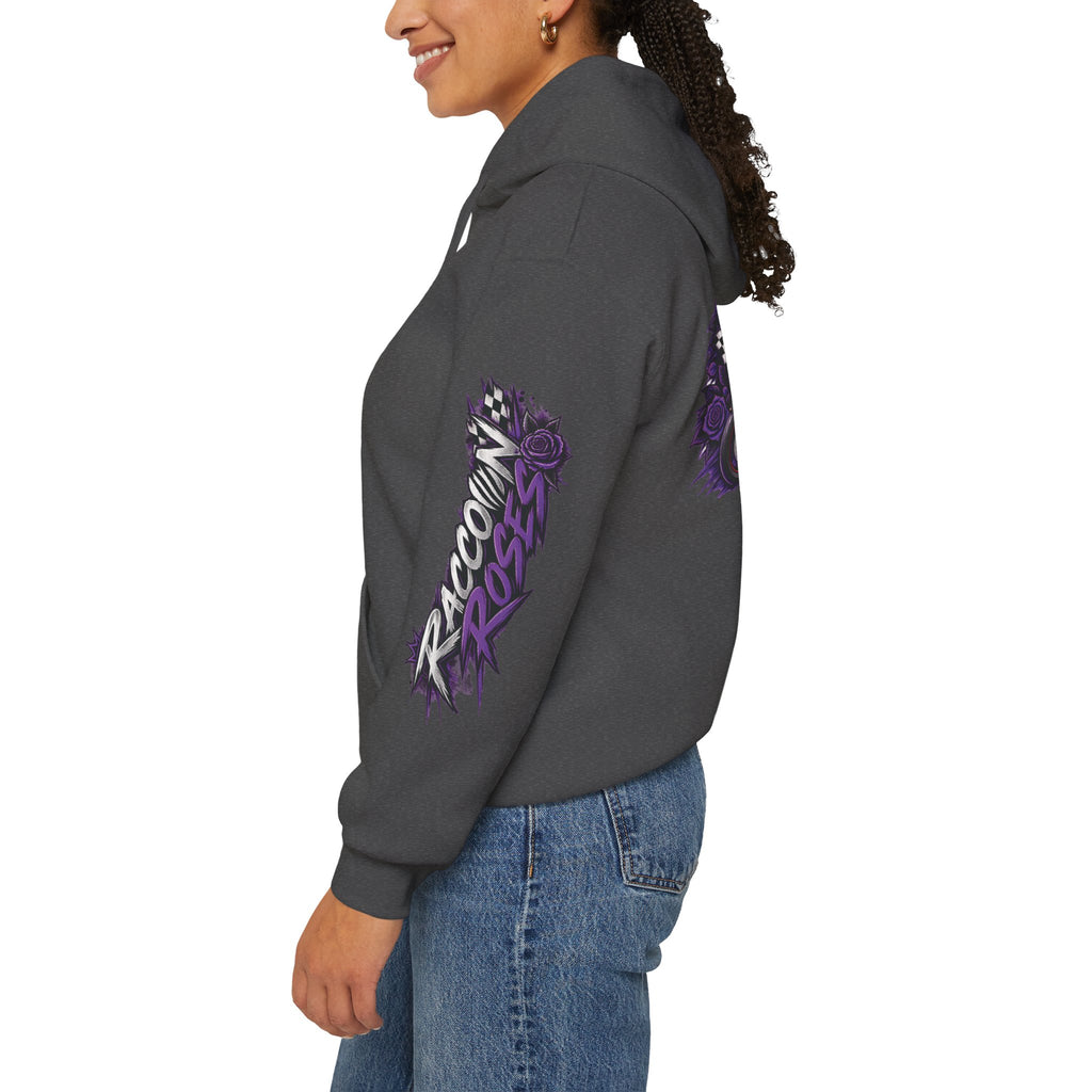Raccoon Roadsters Motorcycle Graphic Hoodie — Retro Purple Rider Sweatshirt