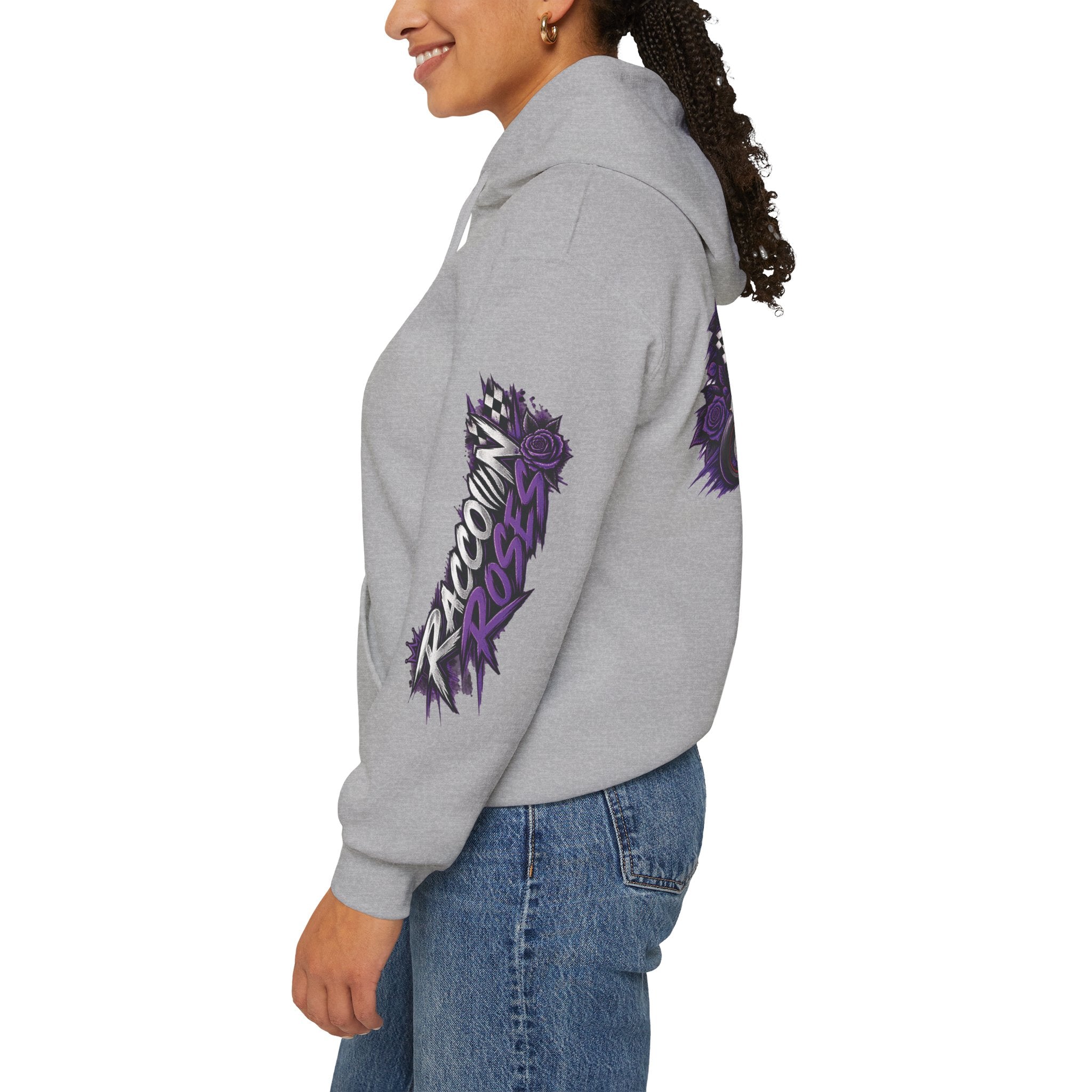 Raccoon Roadsters Motorcycle Graphic Hoodie — Retro Purple Rider Sweatshirt