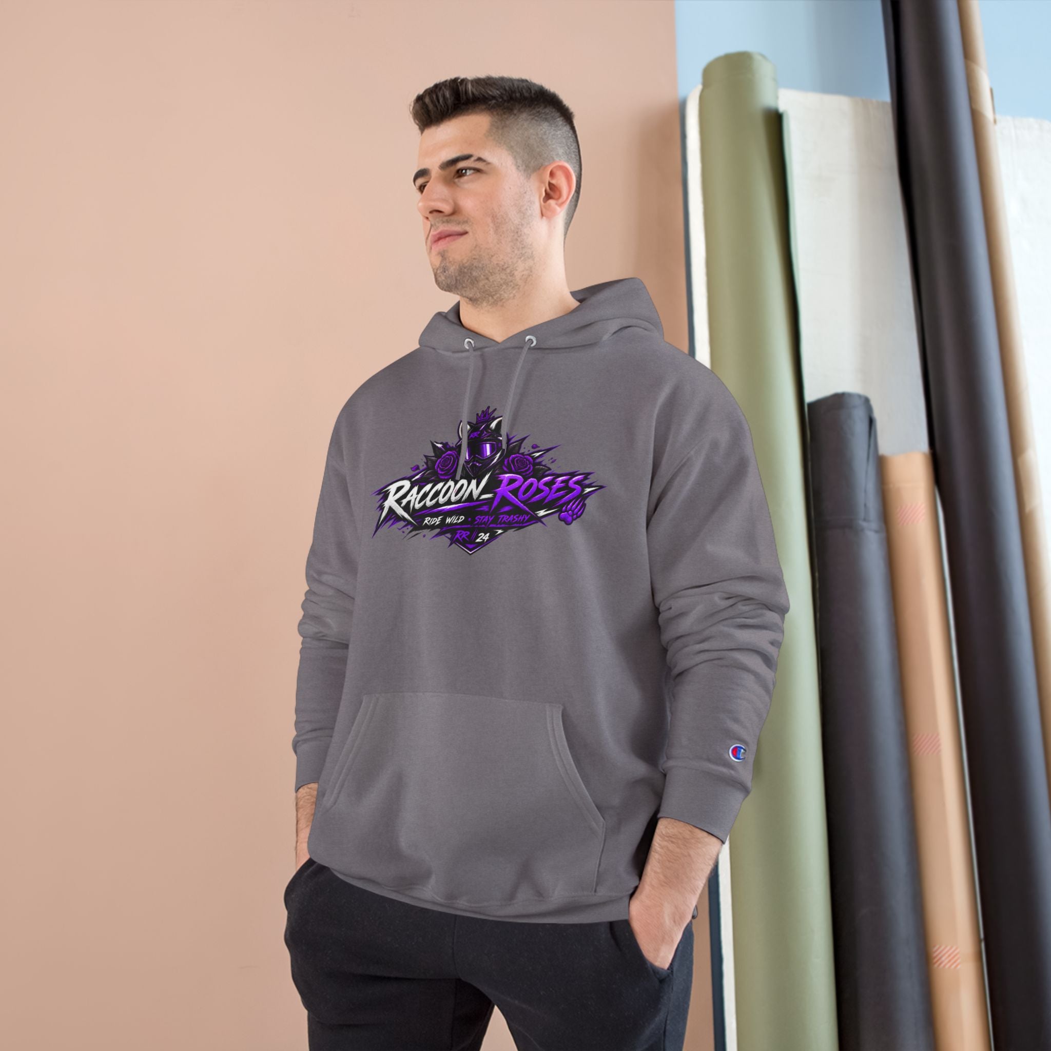 Raccoon Roses Hoodie — Bold Purple Graphic Streetwear Champion Hoodie