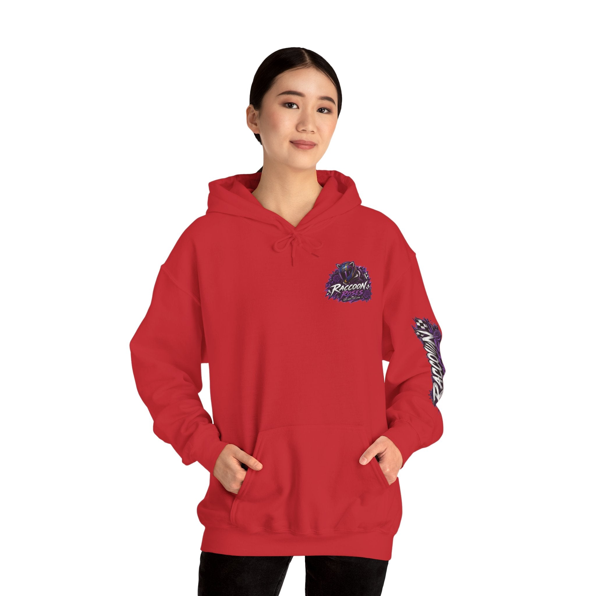 Raccoon Roadsters Motorcycle Graphic Hoodie — Retro Purple Rider Sweatshirt