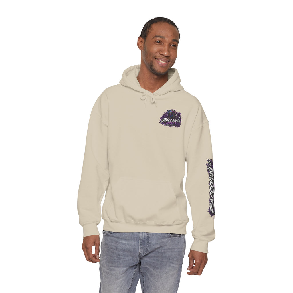 Raccoon Roadsters Motorcycle Graphic Hoodie — Retro Purple Rider Sweatshirt