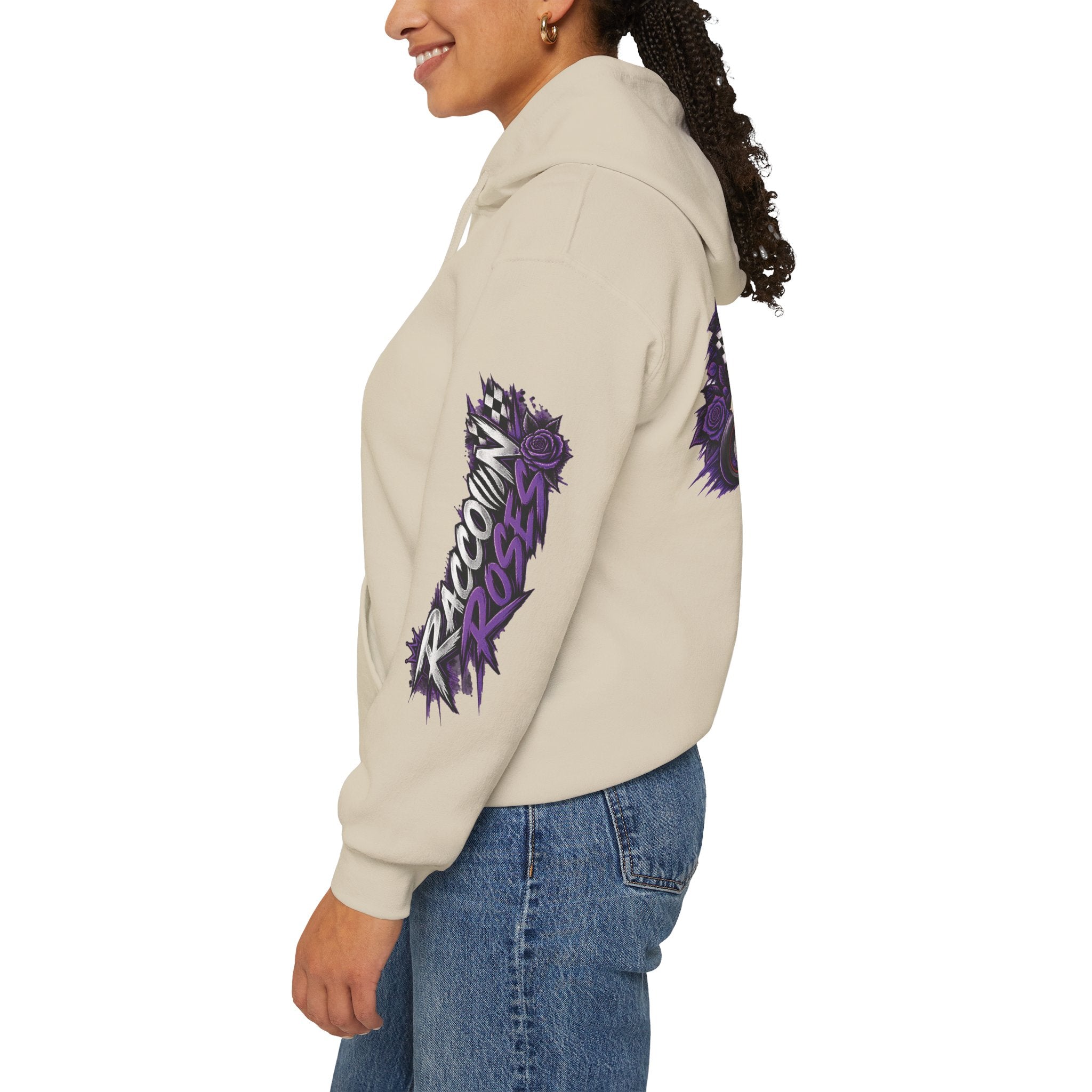 Raccoon Roadsters Motorcycle Graphic Hoodie — Retro Purple Rider Sweatshirt