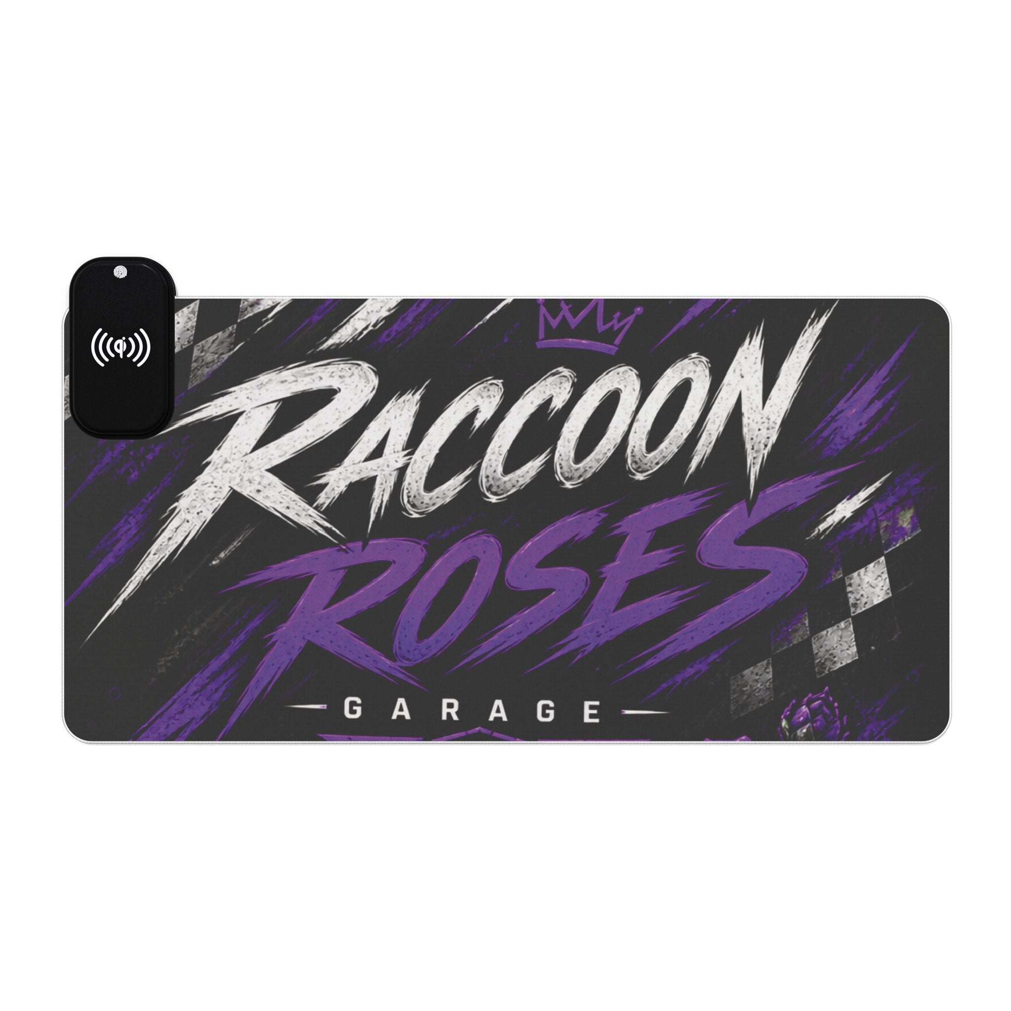 LED Gaming Mouse Pad with Wireless Charger — "Raccoon Roses" RGB Desk Mat