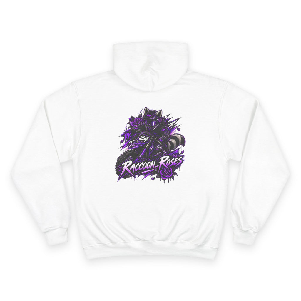 Raccoon Roses Hoodie — Bold Purple Graphic Streetwear Champion Hoodie
