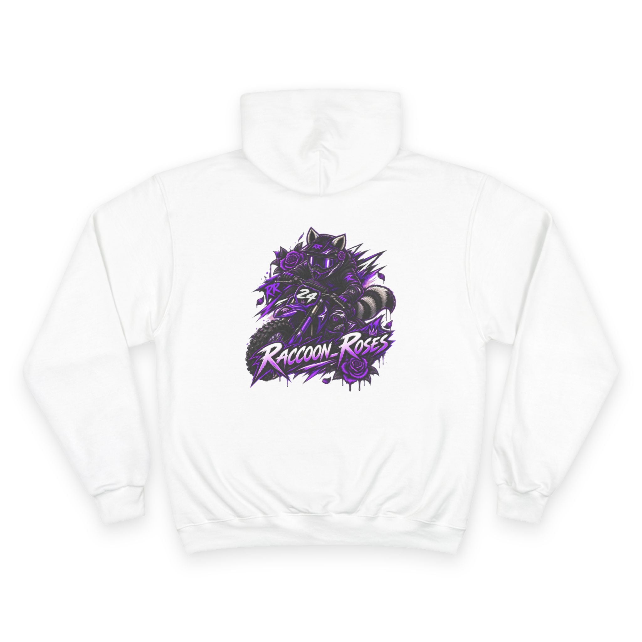 Raccoon Roses Hoodie — Bold Purple Graphic Streetwear Champion Hoodie