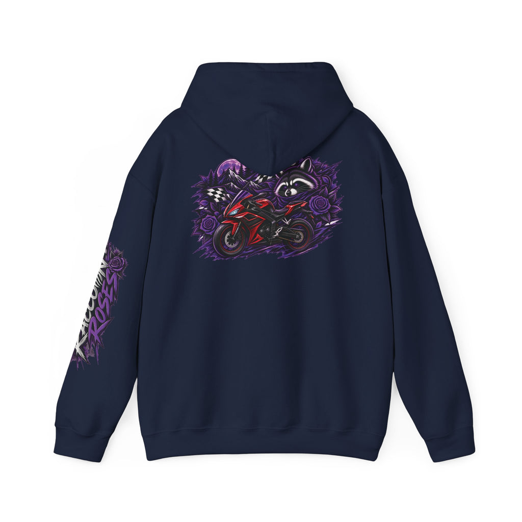Raccoon Roadsters Motorcycle Graphic Hoodie — Retro Purple Rider Sweatshirt