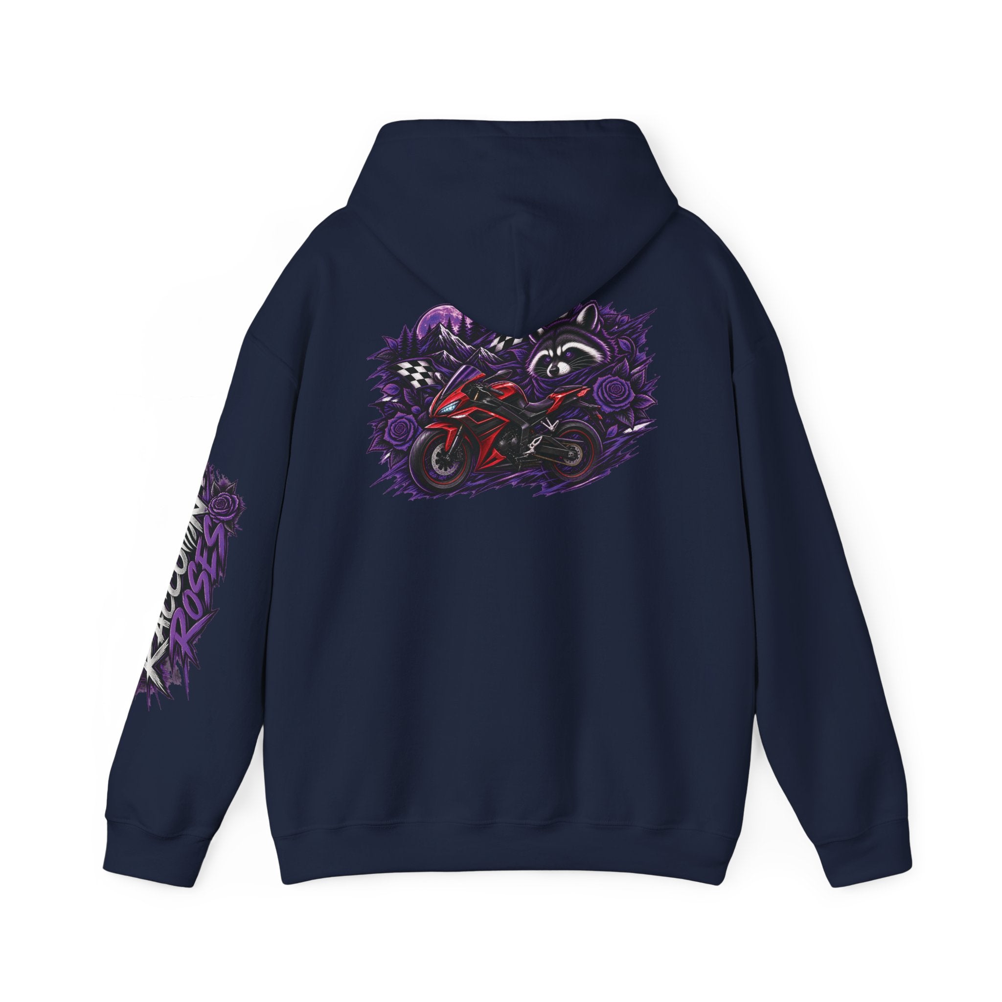 Raccoon Roadsters Motorcycle Graphic Hoodie — Retro Purple Rider Sweatshirt
