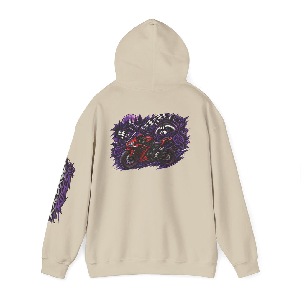 Raccoon Roadsters Motorcycle Graphic Hoodie — Retro Purple Rider Sweatshirt