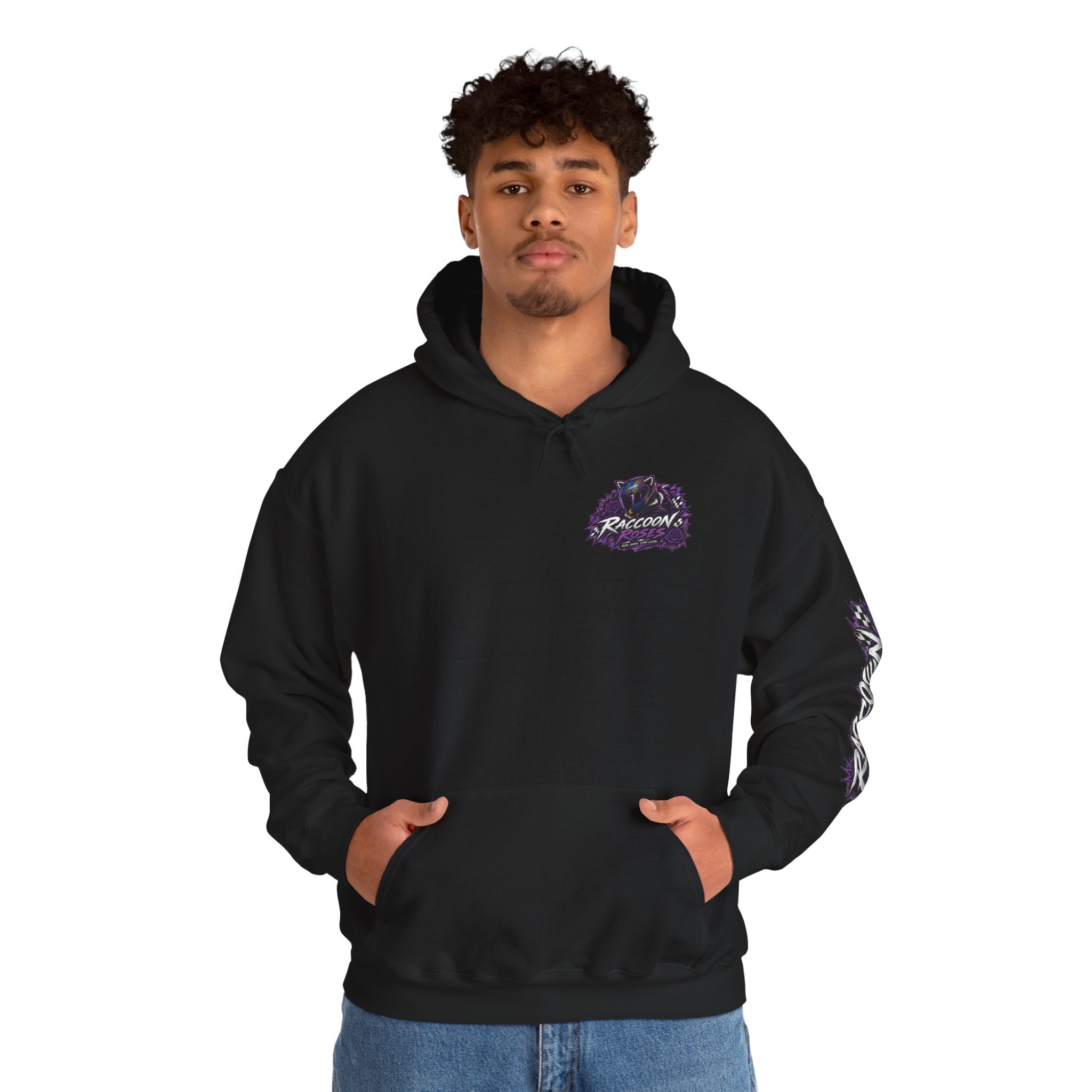 Raccoon Roadsters Motorcycle Graphic Hoodie — Retro Purple Rider Sweatshirt