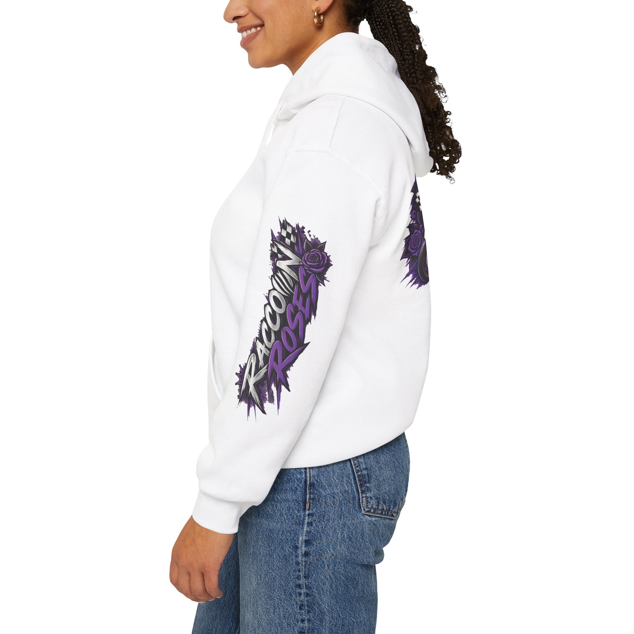 Raccoon Roadsters Motorcycle Graphic Hoodie — Retro Purple Rider Sweatshirt