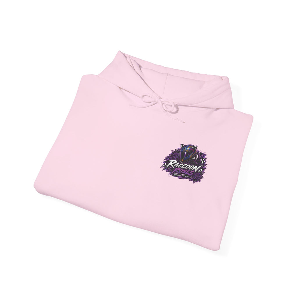 Raccoon Roadsters Motorcycle Graphic Hoodie — Retro Purple Rider Sweatshirt