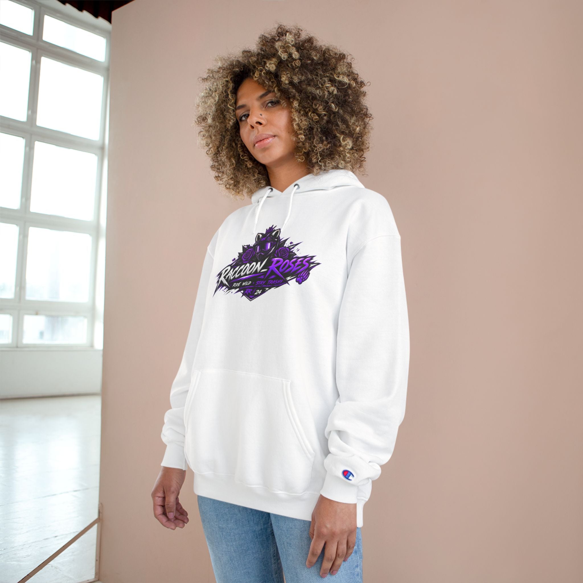 Raccoon Roses Hoodie — Bold Purple Graphic Streetwear Champion Hoodie