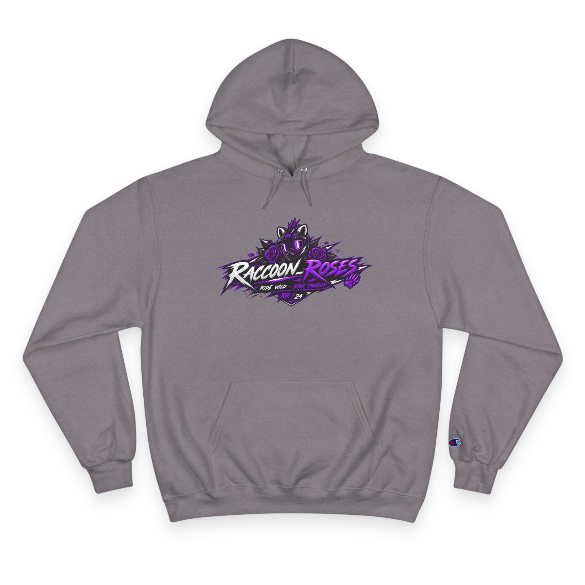 Raccoon Roses Hoodie — Bold Purple Graphic Streetwear Champion Hoodie