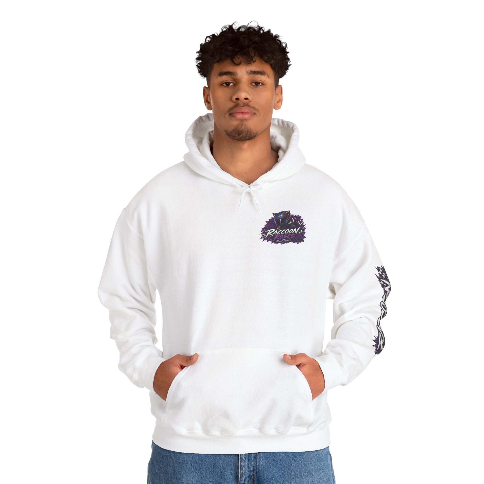 Raccoon Roadsters Motorcycle Graphic Hoodie — Retro Purple Rider Sweatshirt
