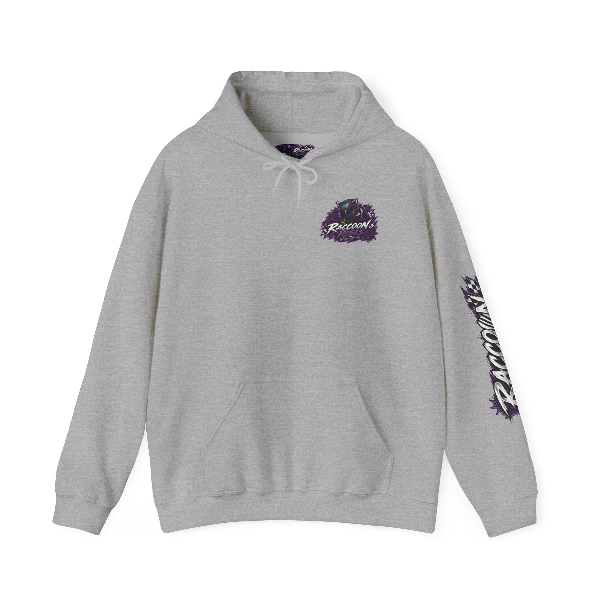 Raccoon Roadsters Motorcycle Graphic Hoodie — Retro Purple Rider Sweatshirt