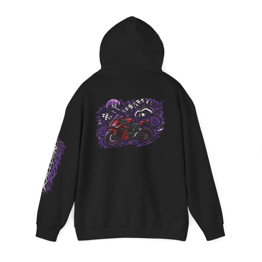 Raccoon Roadsters Motorcycle Graphic Hoodie — Retro Purple Rider Sweatshirt