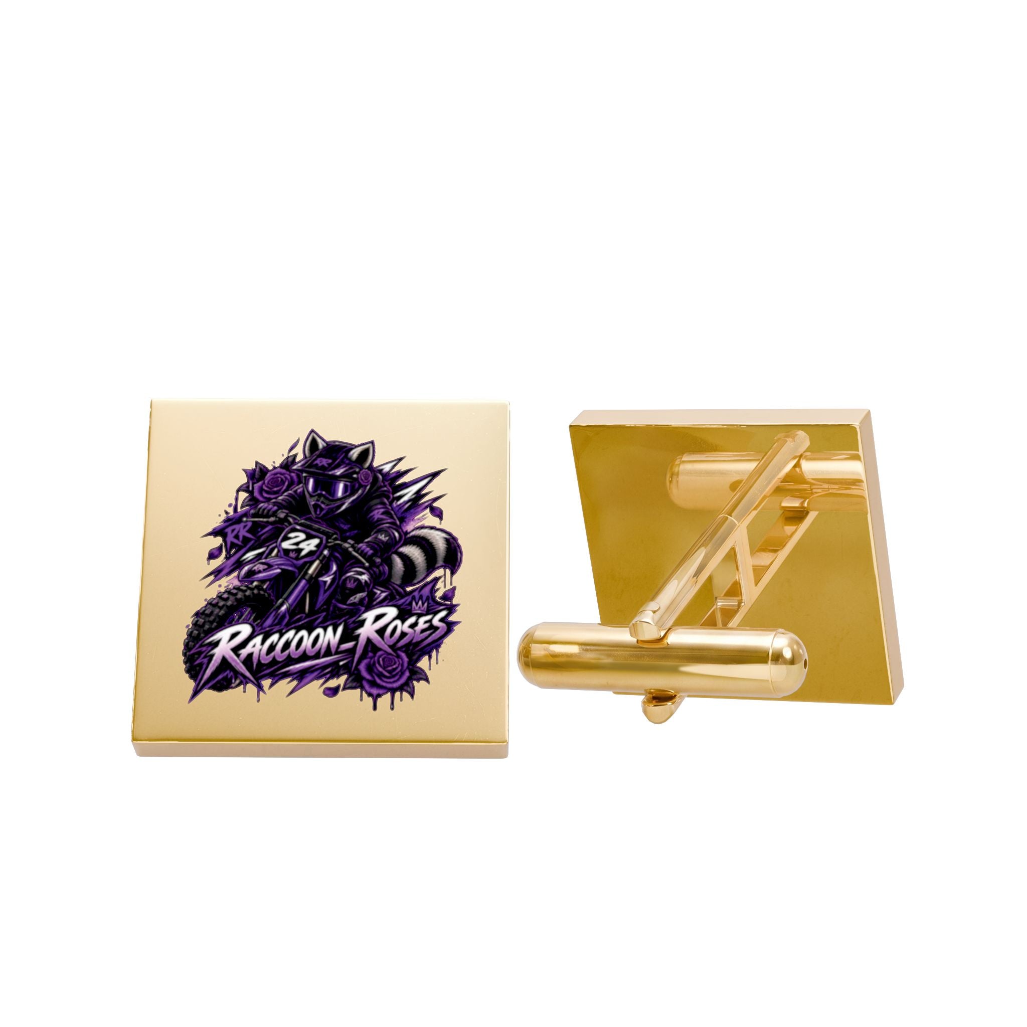 Gold Square Cufflinks with Purple Raven Rose Emblem — Elegant Formal Accessory