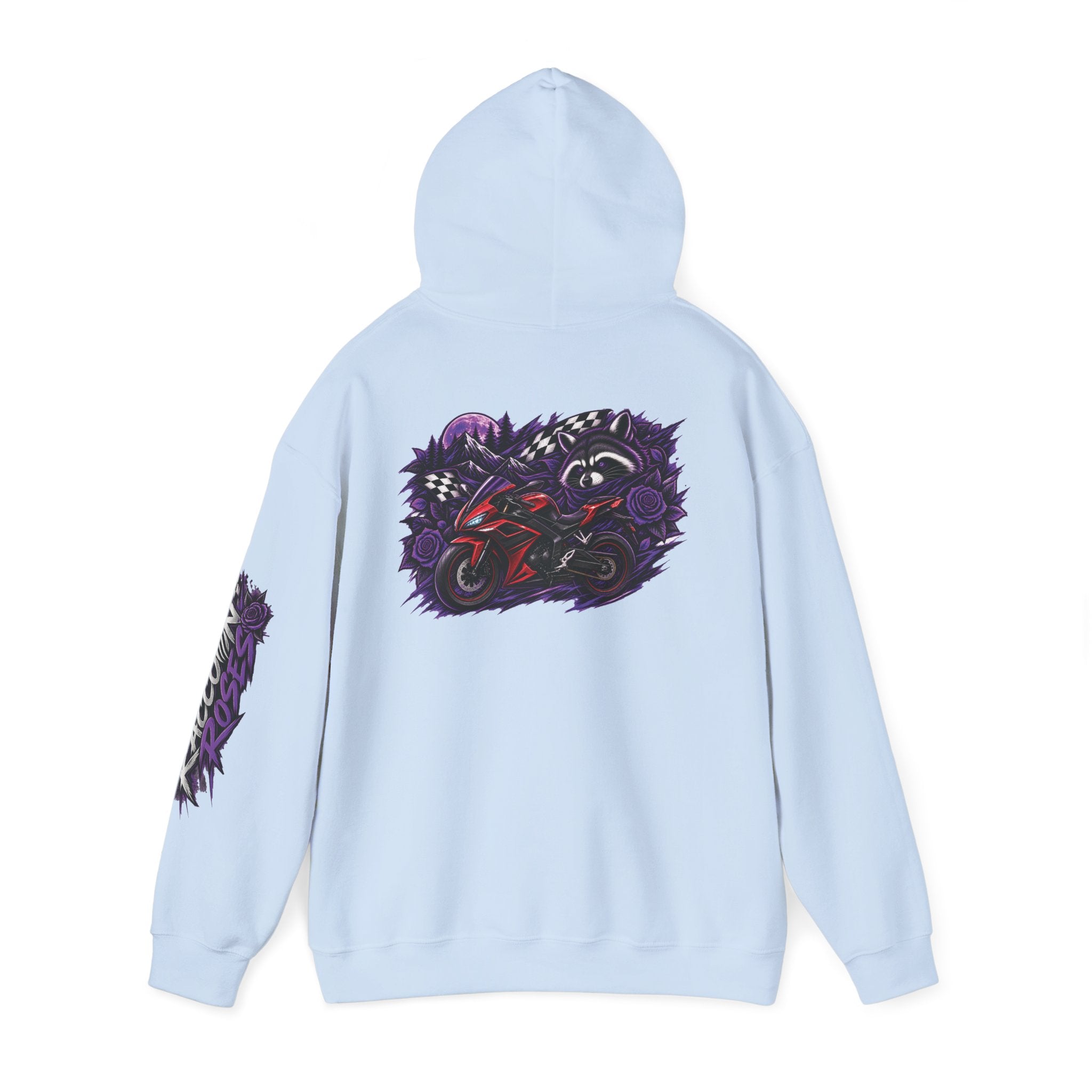 Raccoon Roadsters Motorcycle Graphic Hoodie — Retro Purple Rider Sweatshirt