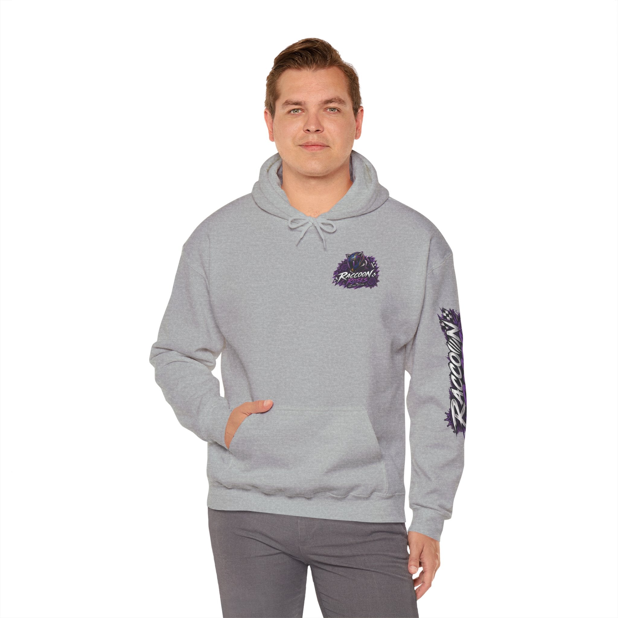 Raccoon Roadsters Motorcycle Graphic Hoodie — Retro Purple Rider Sweatshirt