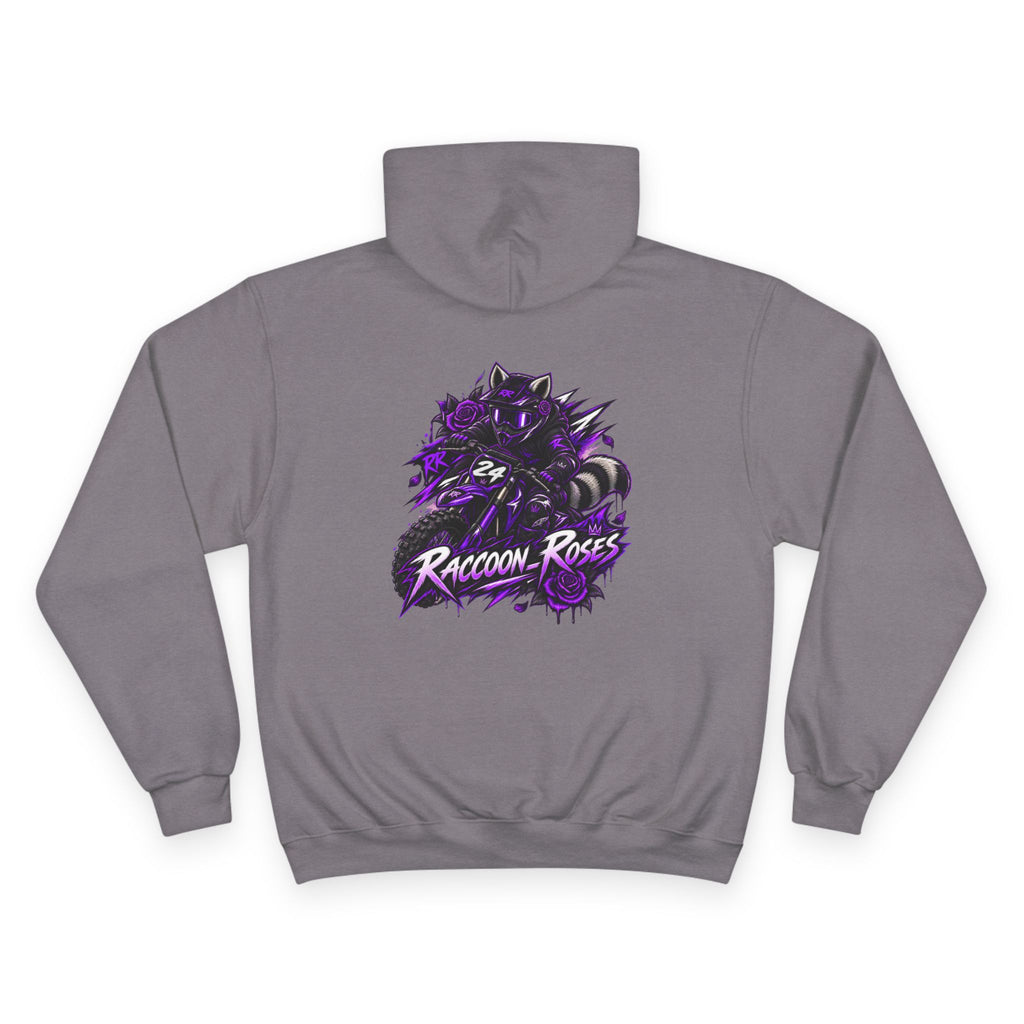 Raccoon Roses Hoodie — Bold Purple Graphic Streetwear Champion Hoodie