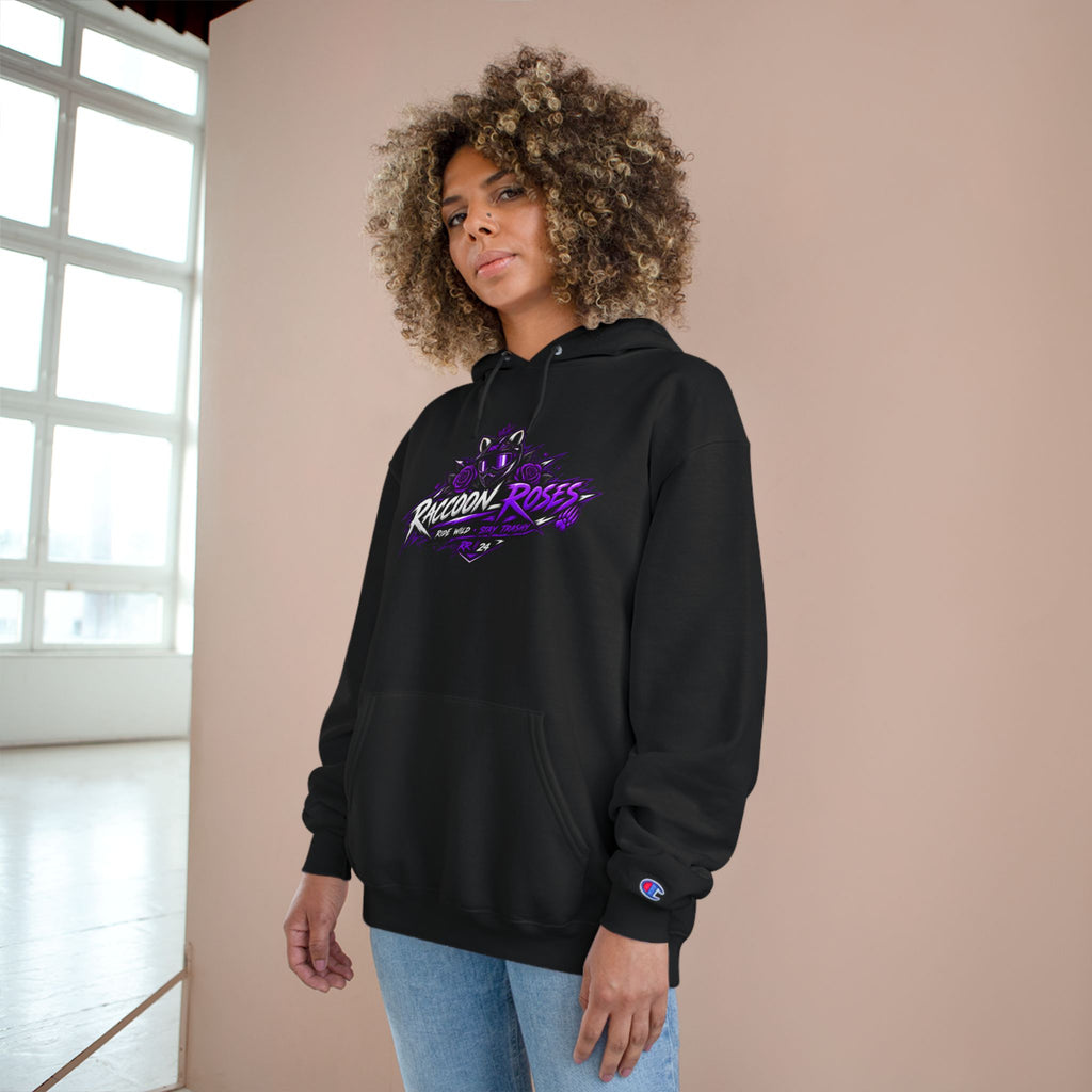 Raccoon Roses Hoodie — Bold Purple Graphic Streetwear Champion Hoodie