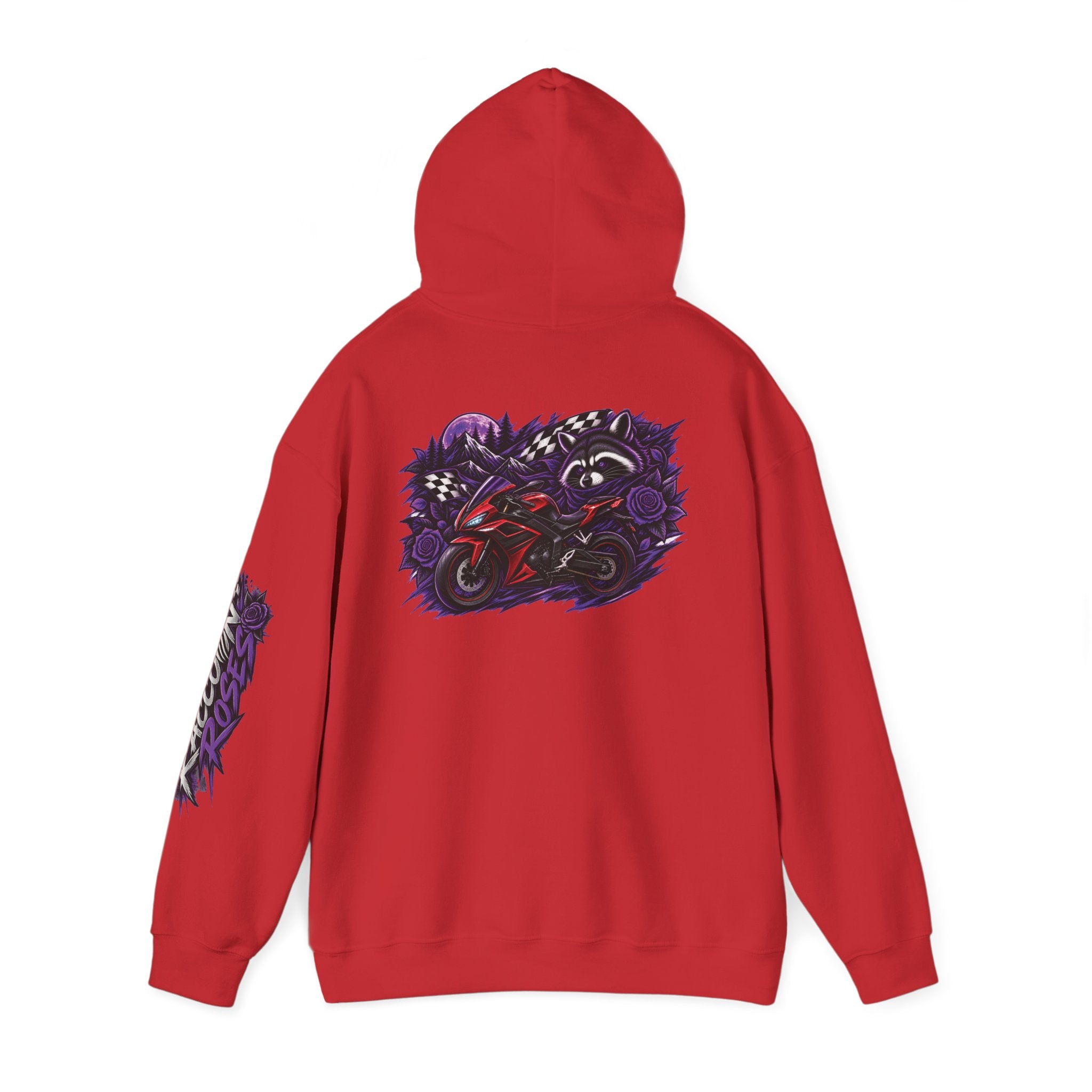 Raccoon Roadsters Motorcycle Graphic Hoodie — Retro Purple Rider Sweatshirt