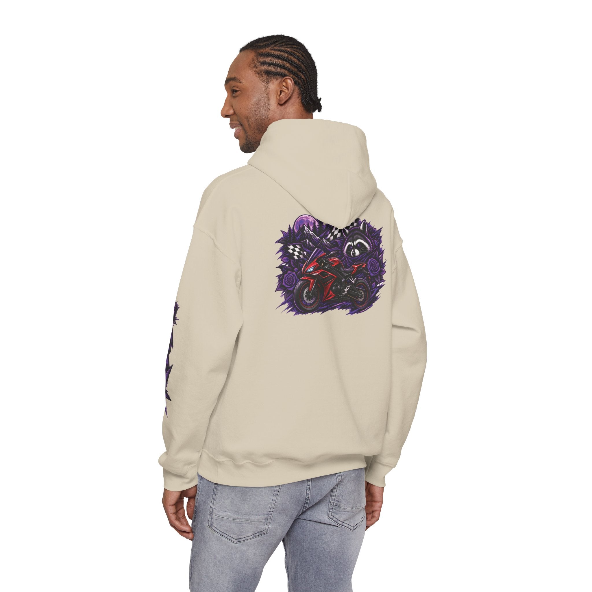 Raccoon Roadsters Motorcycle Graphic Hoodie — Retro Purple Rider Sweatshirt
