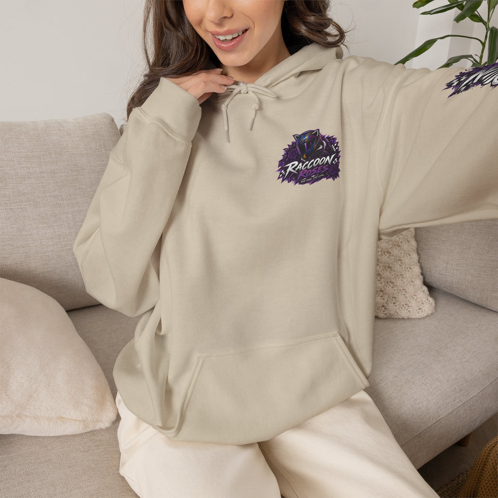 Raccoon Roadsters Motorcycle Graphic Hoodie — Retro Purple Rider Sweatshirt