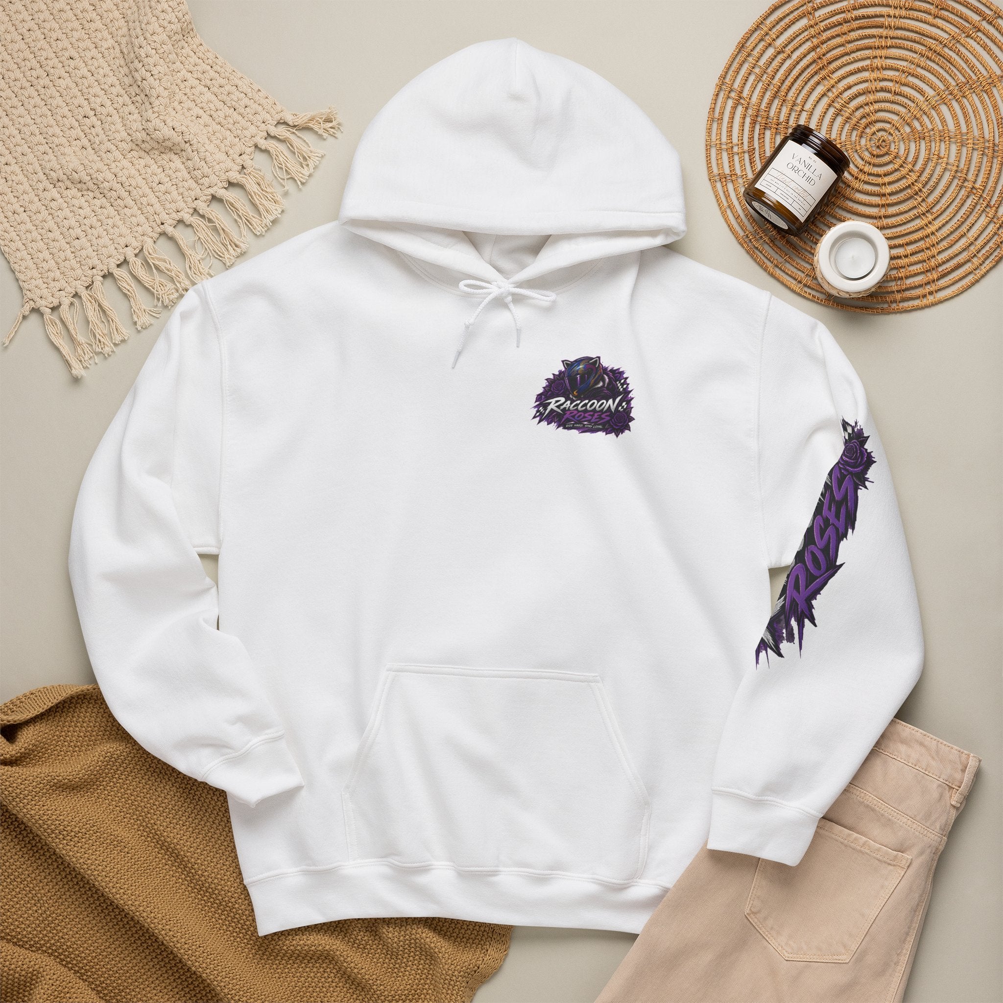 Raccoon Roadsters Motorcycle Graphic Hoodie — Retro Purple Rider Sweatshirt