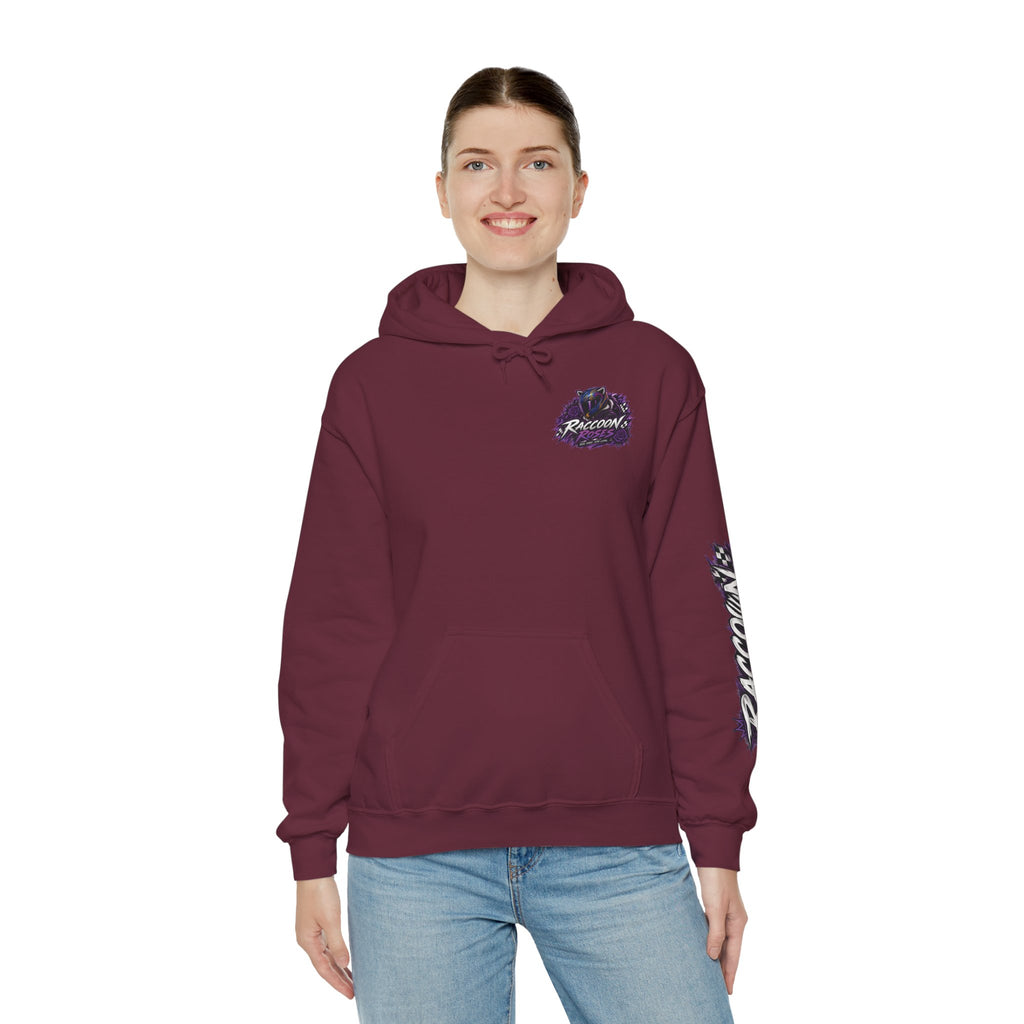 Raccoon Roadsters Motorcycle Graphic Hoodie — Retro Purple Rider Sweatshirt