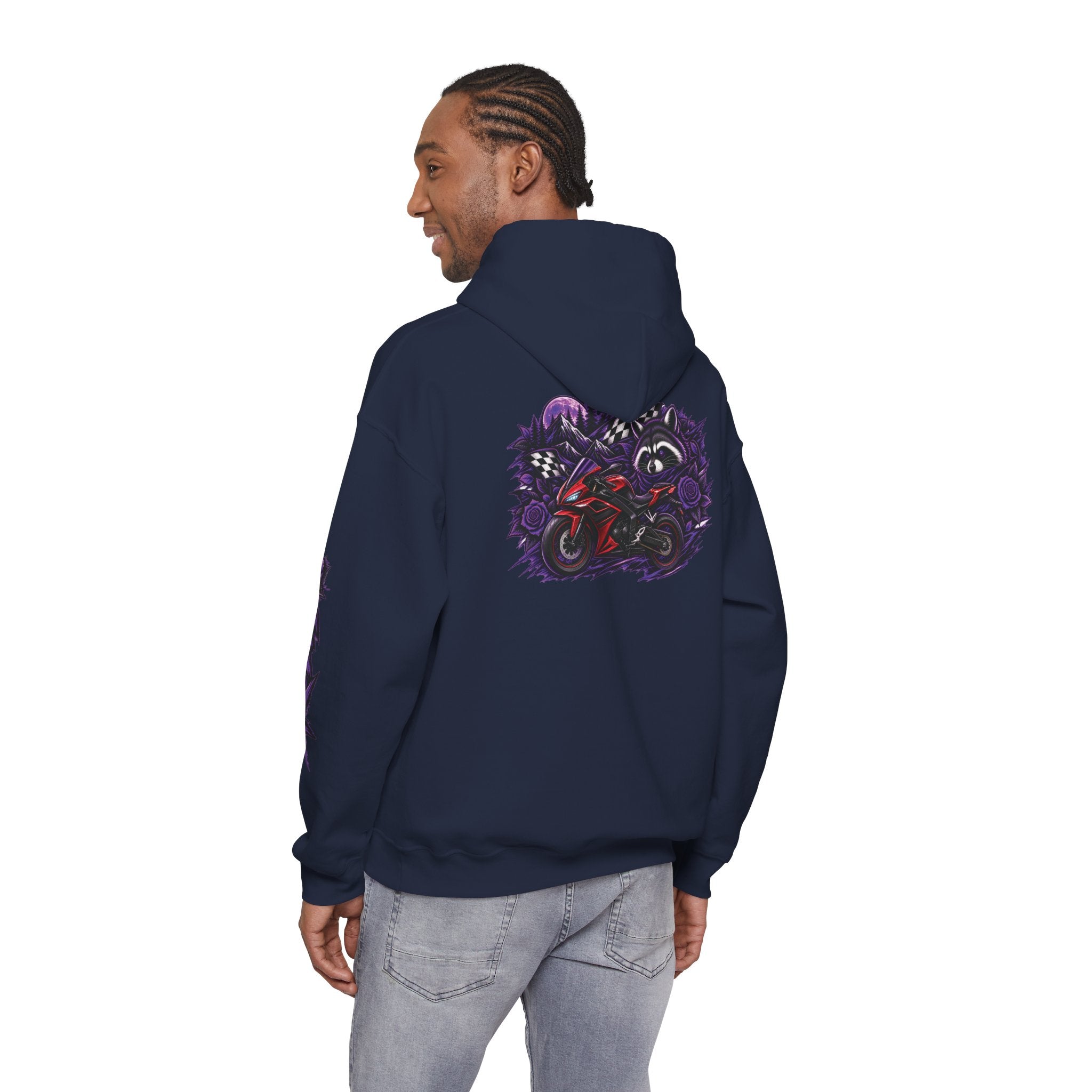 Raccoon Roadsters Motorcycle Graphic Hoodie — Retro Purple Rider Sweatshirt