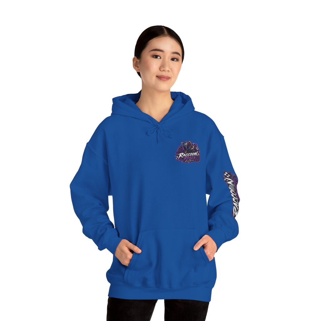Raccoon Roadsters Motorcycle Graphic Hoodie — Retro Purple Rider Sweatshirt