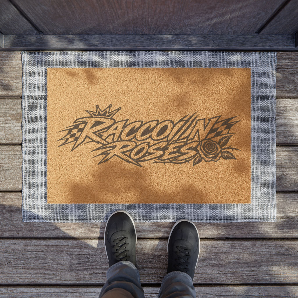 Raccoon Roses Doormat — Vintage Tattoo Script Welcome Mat
