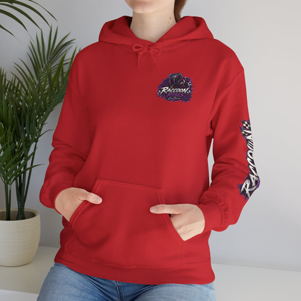 Raccoon Roadsters Motorcycle Graphic Hoodie — Retro Purple Rider Sweatshirt