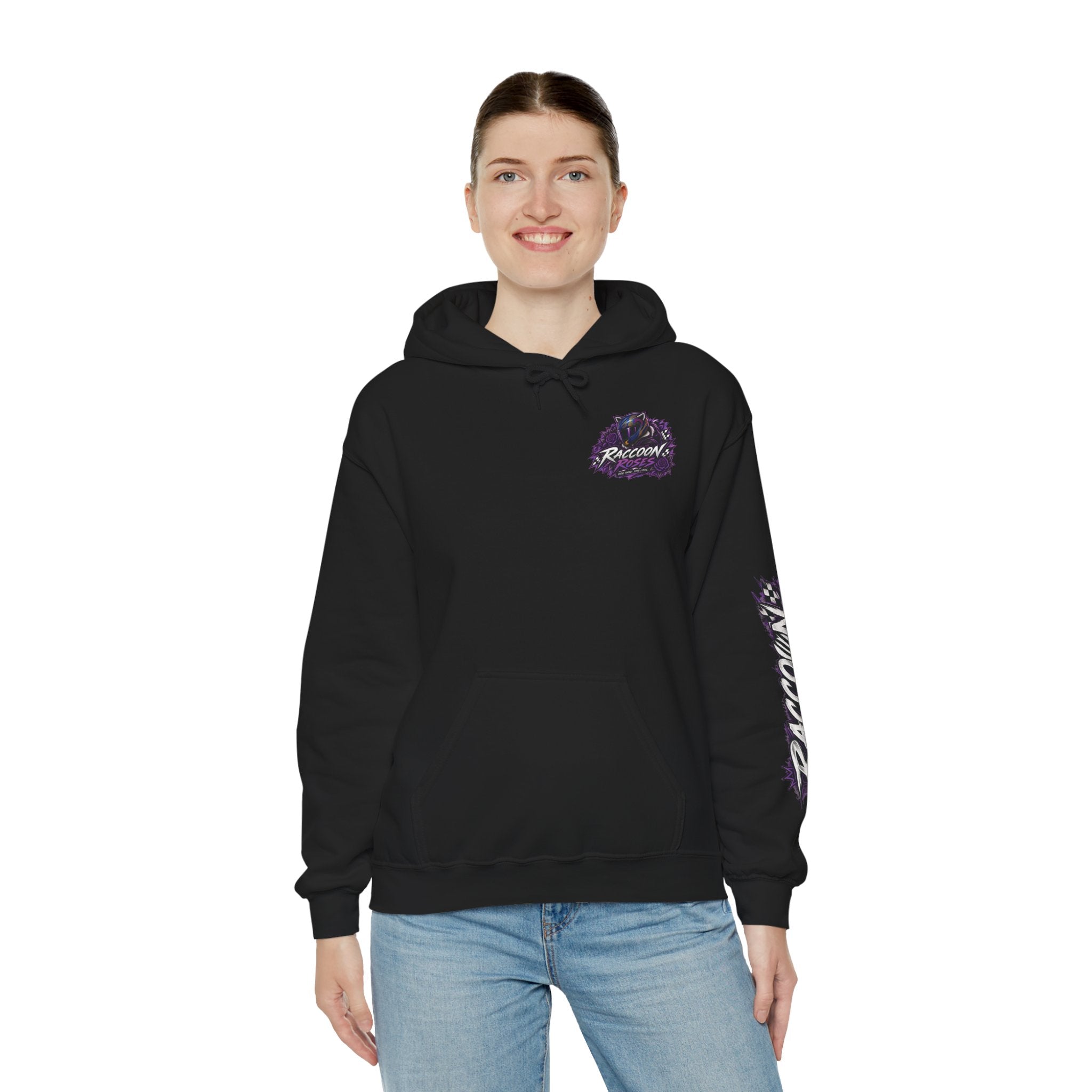 Raccoon Roadsters Motorcycle Graphic Hoodie — Retro Purple Rider Sweatshirt
