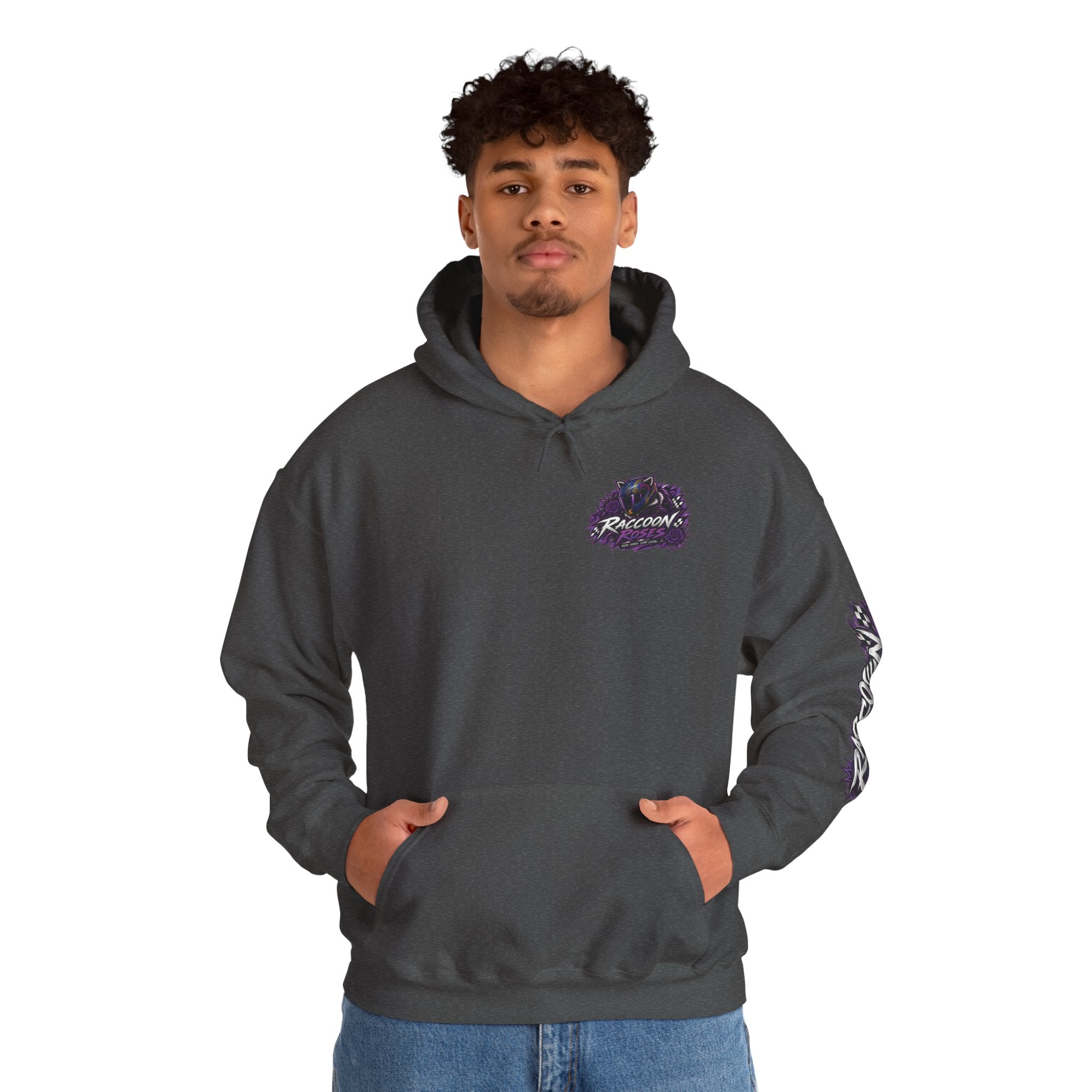 Raccoon Roadsters Motorcycle Graphic Hoodie — Retro Purple Rider Sweatshirt