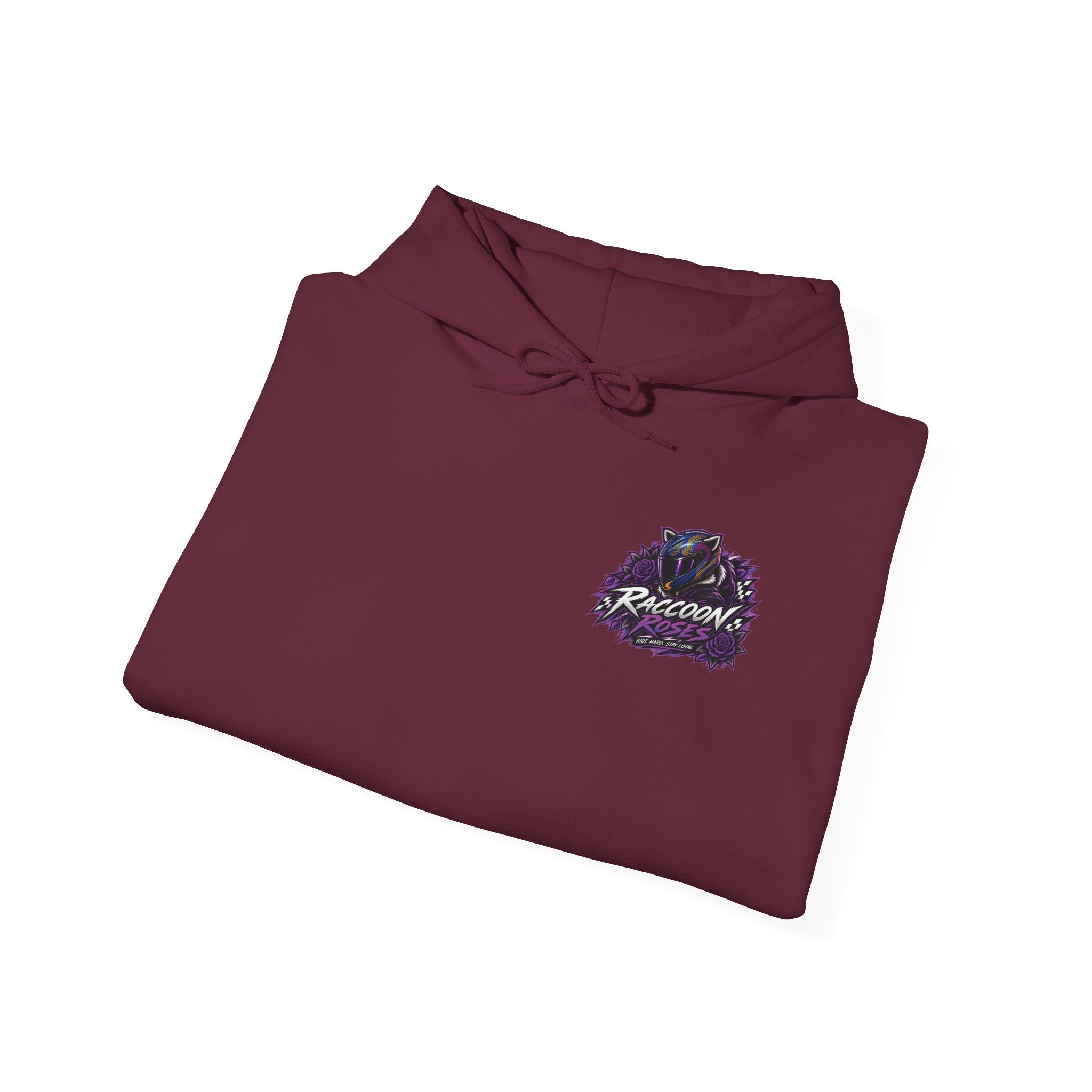 Raccoon Roadsters Motorcycle Graphic Hoodie — Retro Purple Rider Sweatshirt