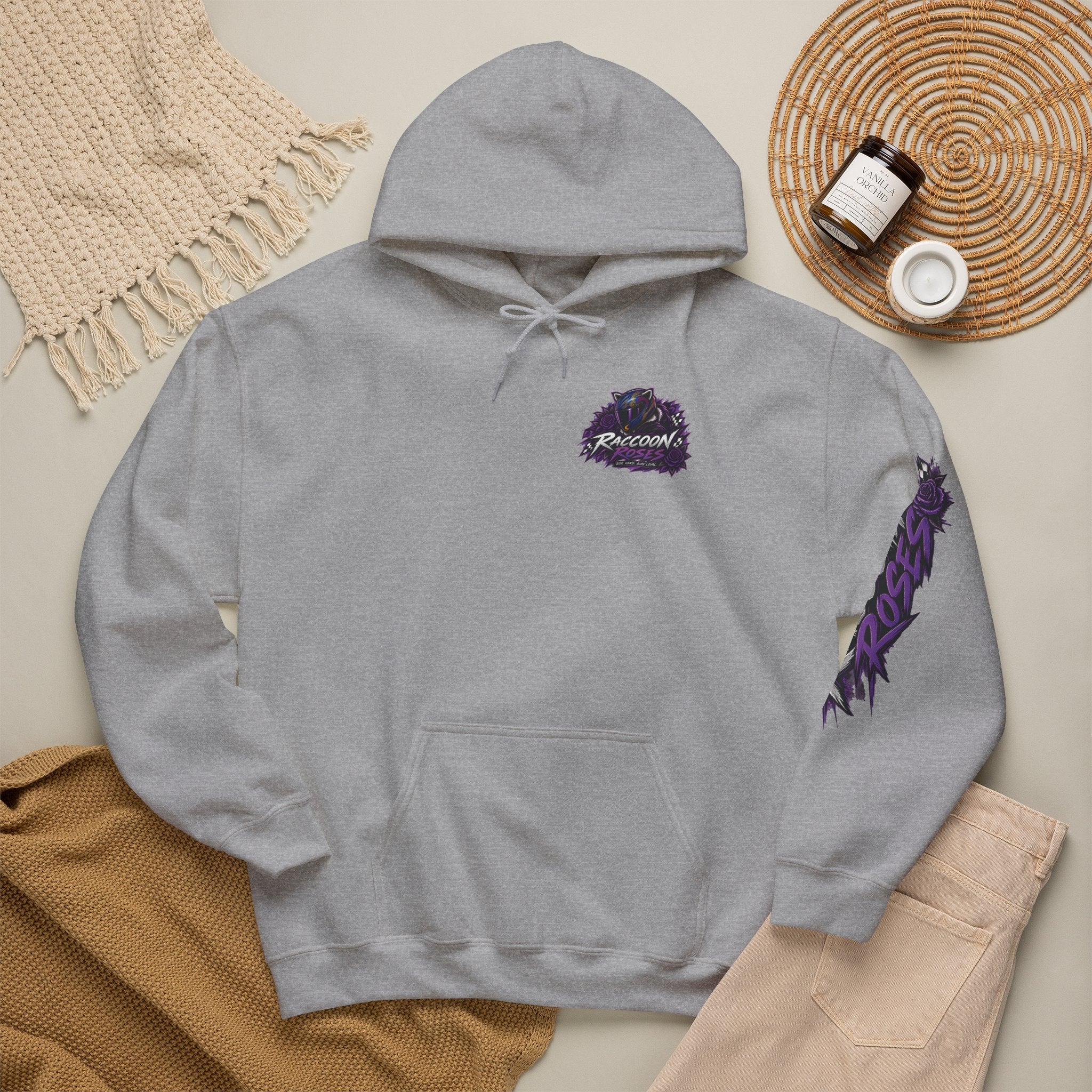 Raccoon Roadsters Motorcycle Graphic Hoodie — Retro Purple Rider Sweatshirt