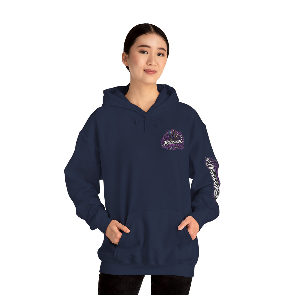 Raccoon Roadsters Motorcycle Graphic Hoodie — Retro Purple Rider Sweatshirt