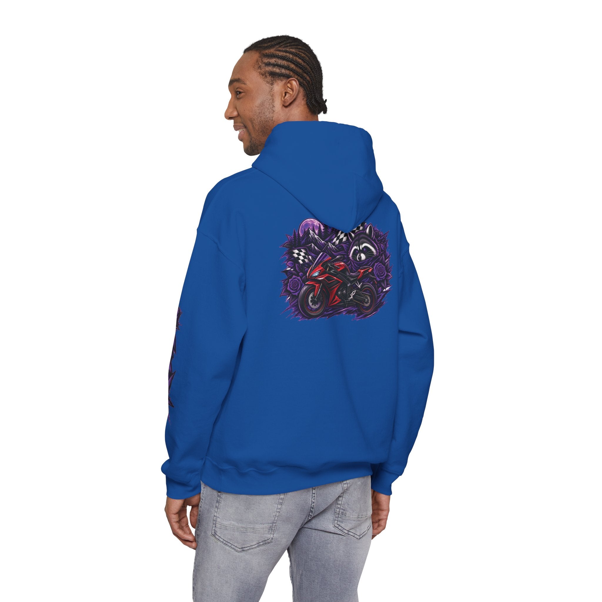 Raccoon Roadsters Motorcycle Graphic Hoodie — Retro Purple Rider Sweatshirt