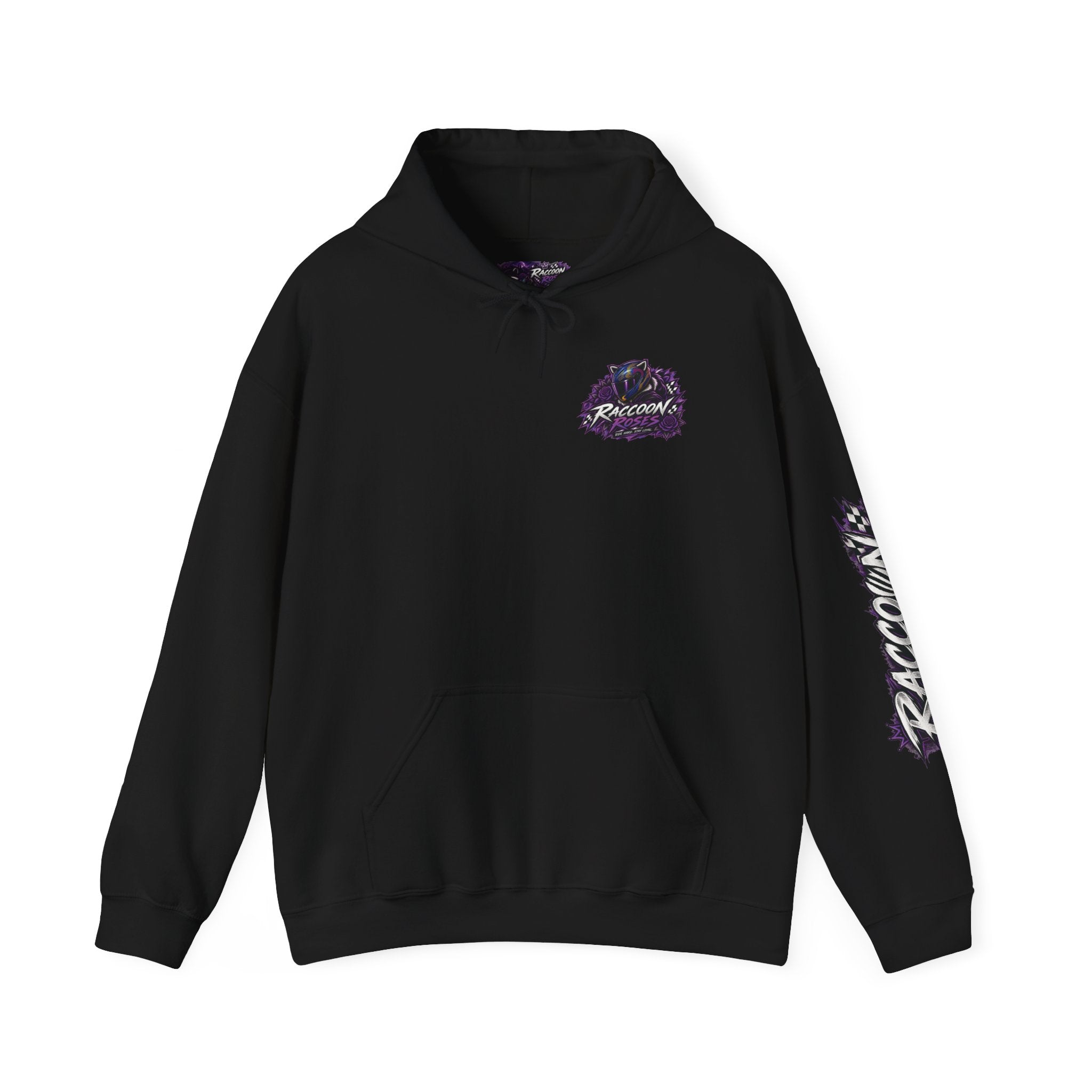 Raccoon Roadsters Motorcycle Graphic Hoodie — Retro Purple Rider Sweatshirt