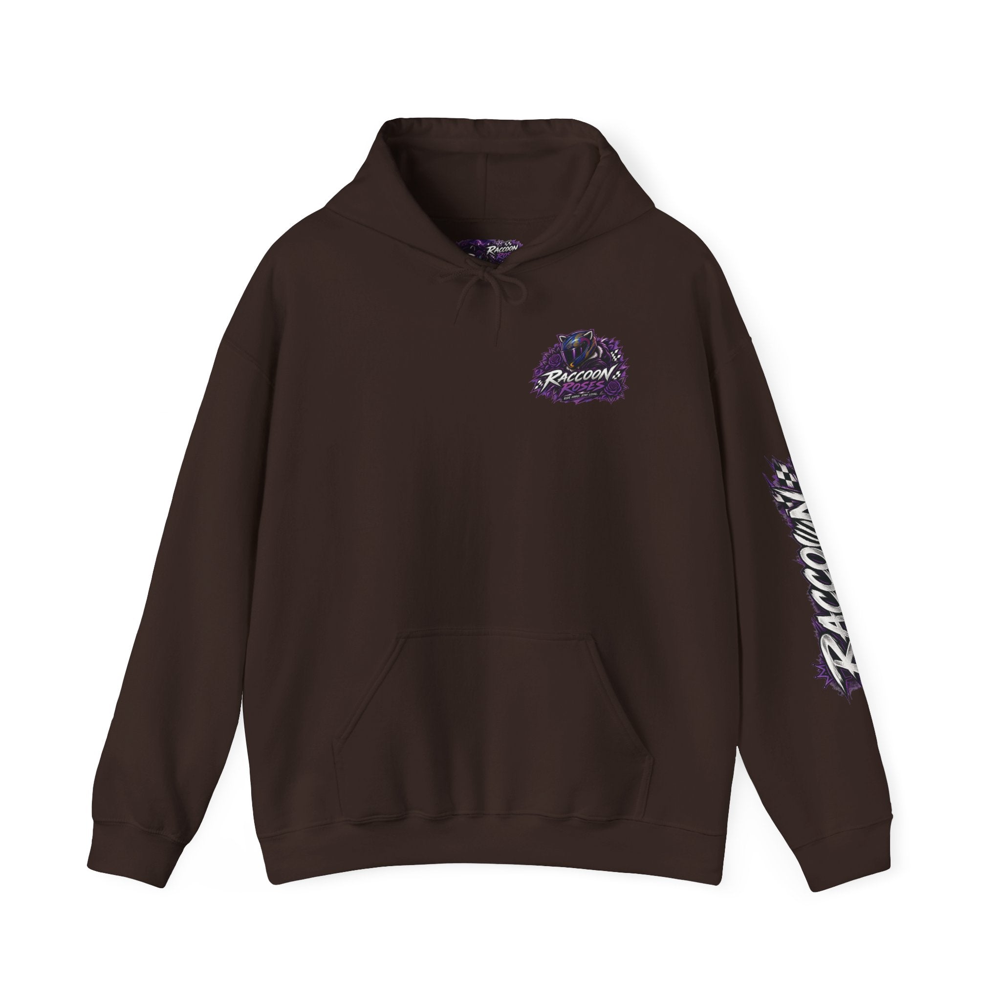 Raccoon Roadsters Motorcycle Graphic Hoodie — Retro Purple Rider Sweatshirt