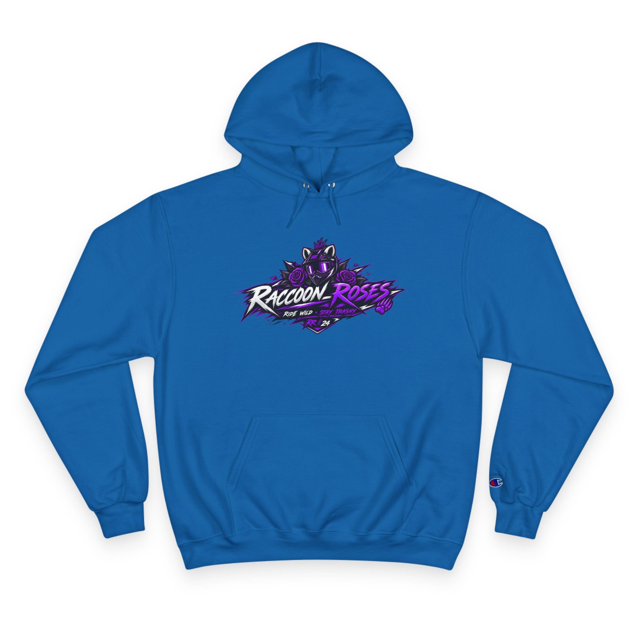 Raccoon Roses Hoodie — Bold Purple Graphic Streetwear Champion Hoodie