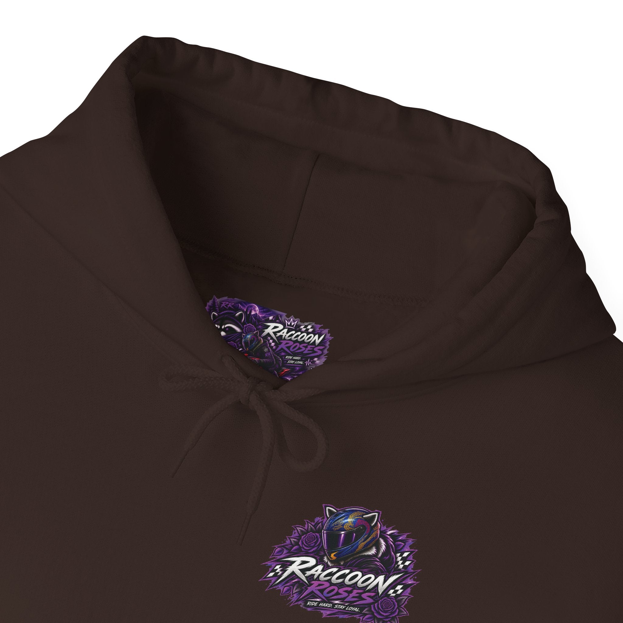 Raccoon Roadsters Motorcycle Graphic Hoodie — Retro Purple Rider Sweatshirt