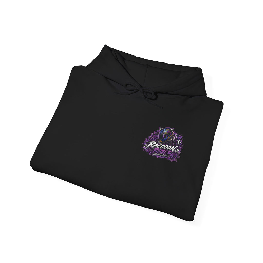 Raccoon Roadsters Motorcycle Graphic Hoodie — Retro Purple Rider Sweatshirt