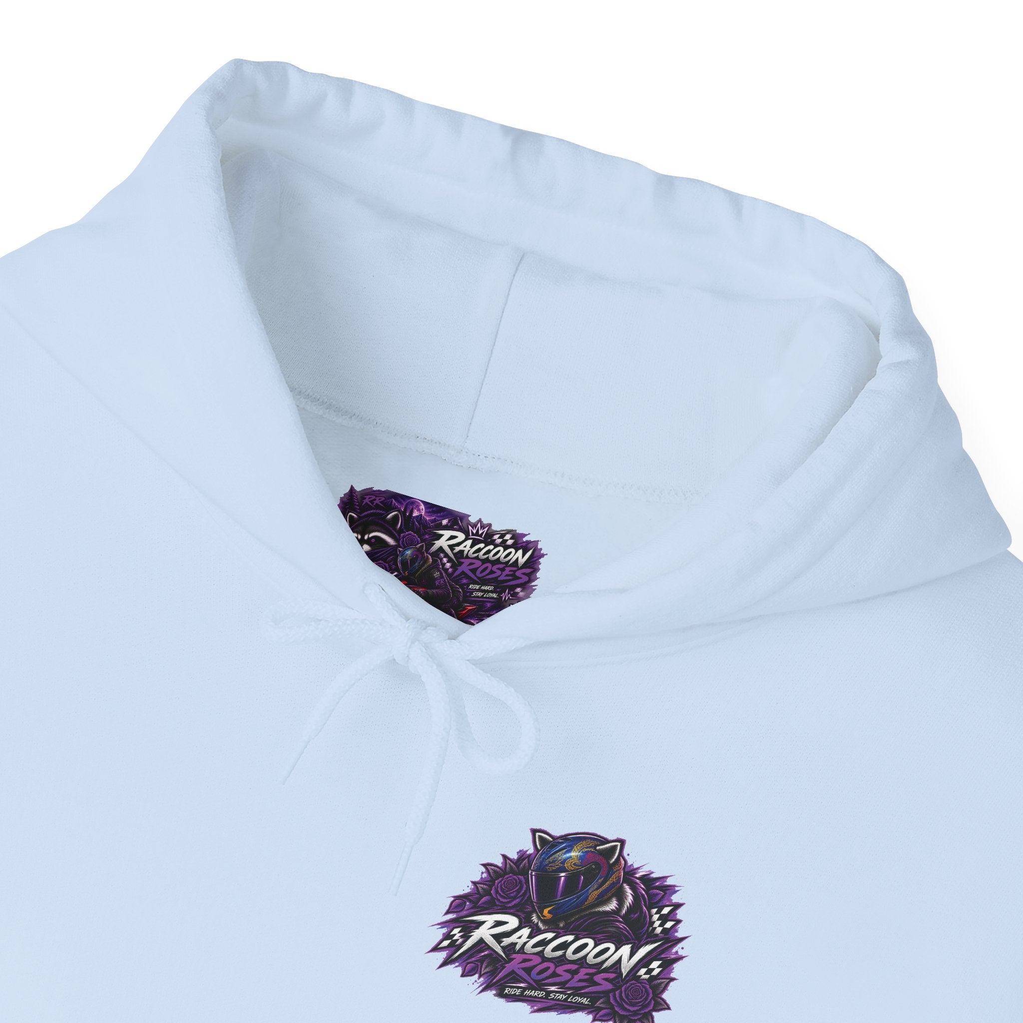 Raccoon Roadsters Motorcycle Graphic Hoodie — Retro Purple Rider Sweatshirt