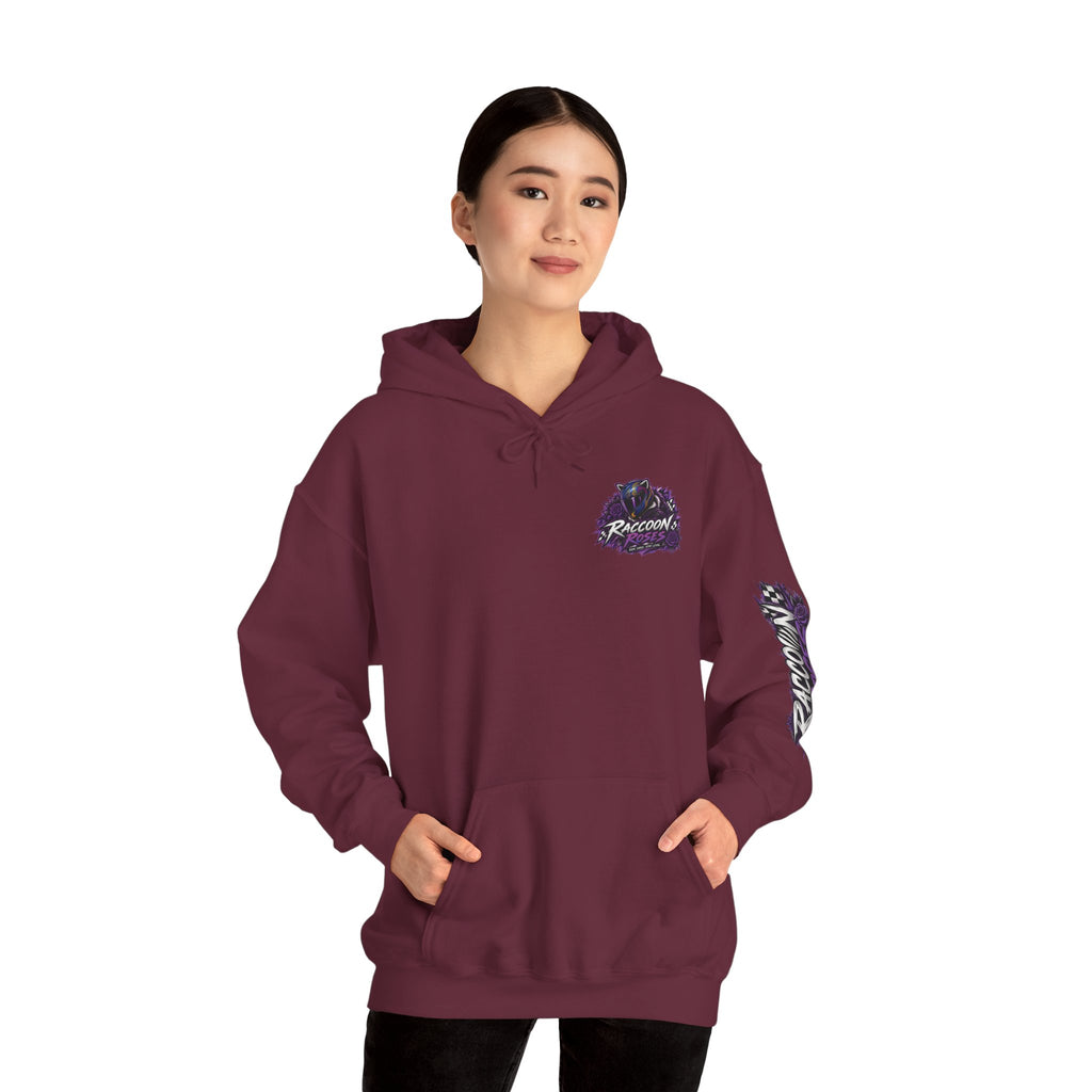 Raccoon Roadsters Motorcycle Graphic Hoodie — Retro Purple Rider Sweatshirt