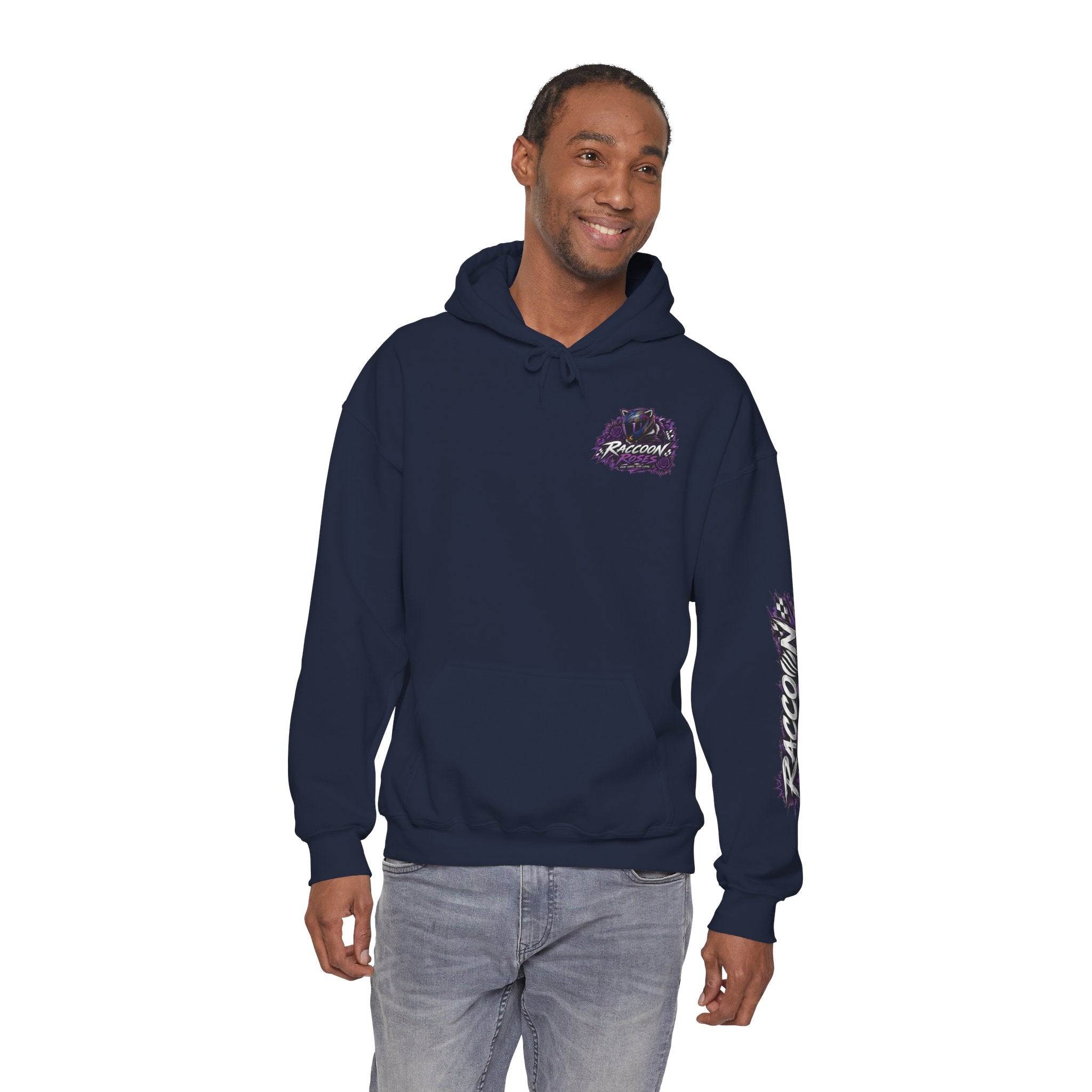 Raccoon Roadsters Motorcycle Graphic Hoodie — Retro Purple Rider Sweatshirt
